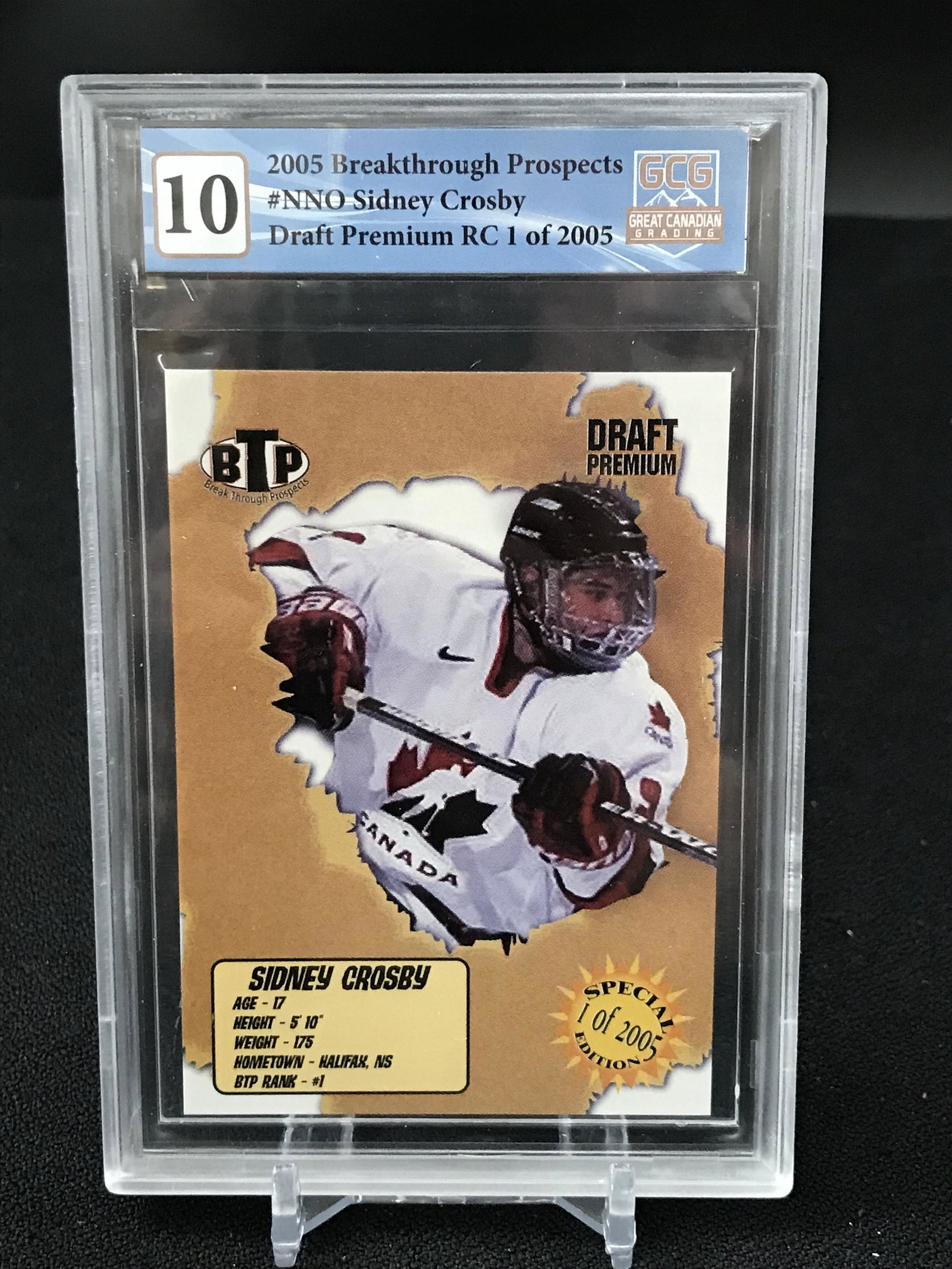 2005 BREAKTHROUGH PROSPECTS #NNO SIDNEY CROSBY DRAFT PREMIUM RC 1/2005 GCG GRADED 10: 2005 BREAKTHROUGH PROSPECTS #NNO SIDNEY CROSBY DRAFT PREMIUM RC 1/2005 GCG GRADED 10