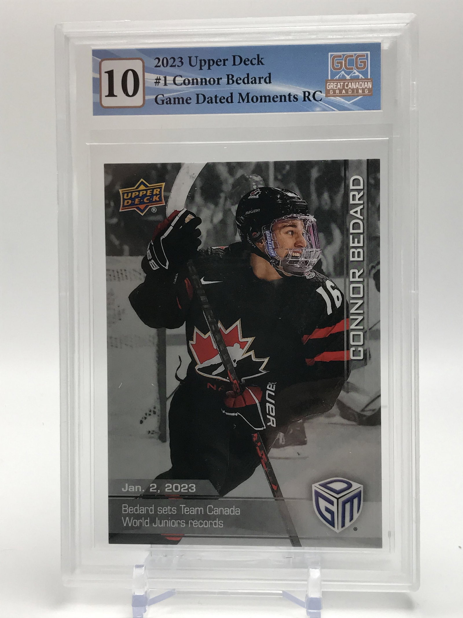 2023 UPPER DECK #1 CONNOR BEDARD GAME DATED MOMENTS RC GCG GRADED 10: Prices are in Canadian dollars