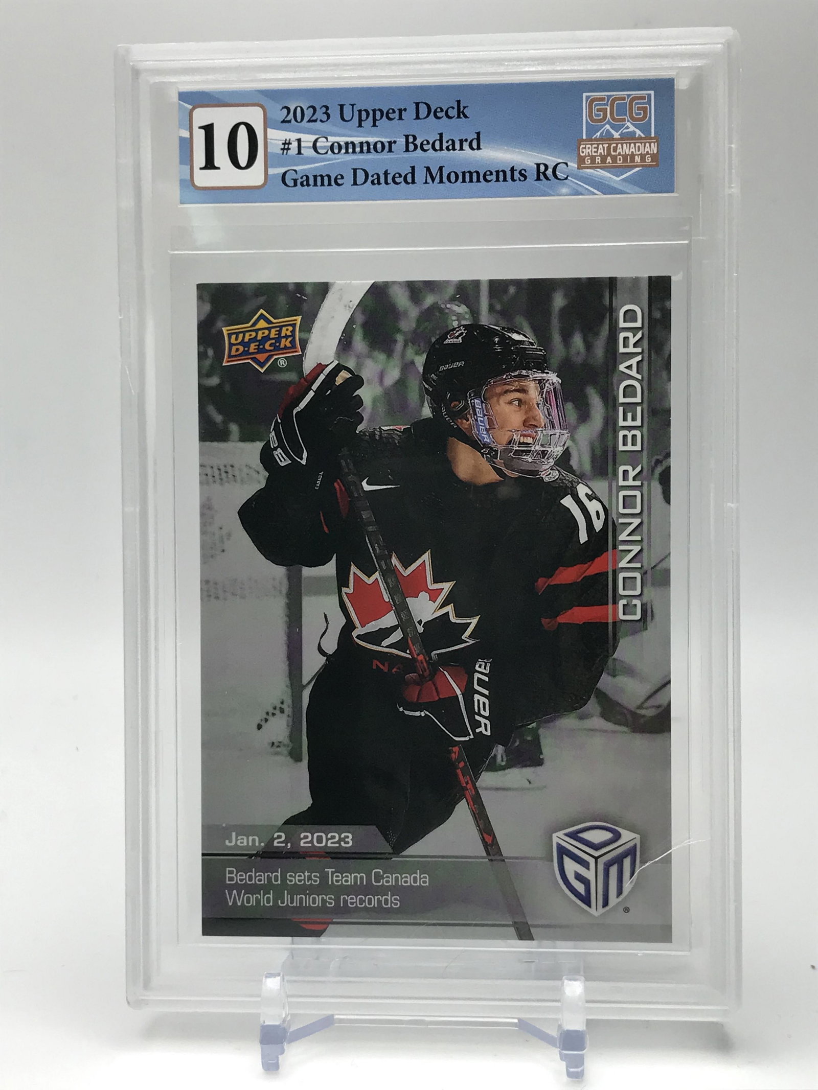 2023 UPPER DECK #1 CONNOR BEDARD GAME DATED MOMENTS RC GCG GRADED 10: Prices are in Canadian dollars