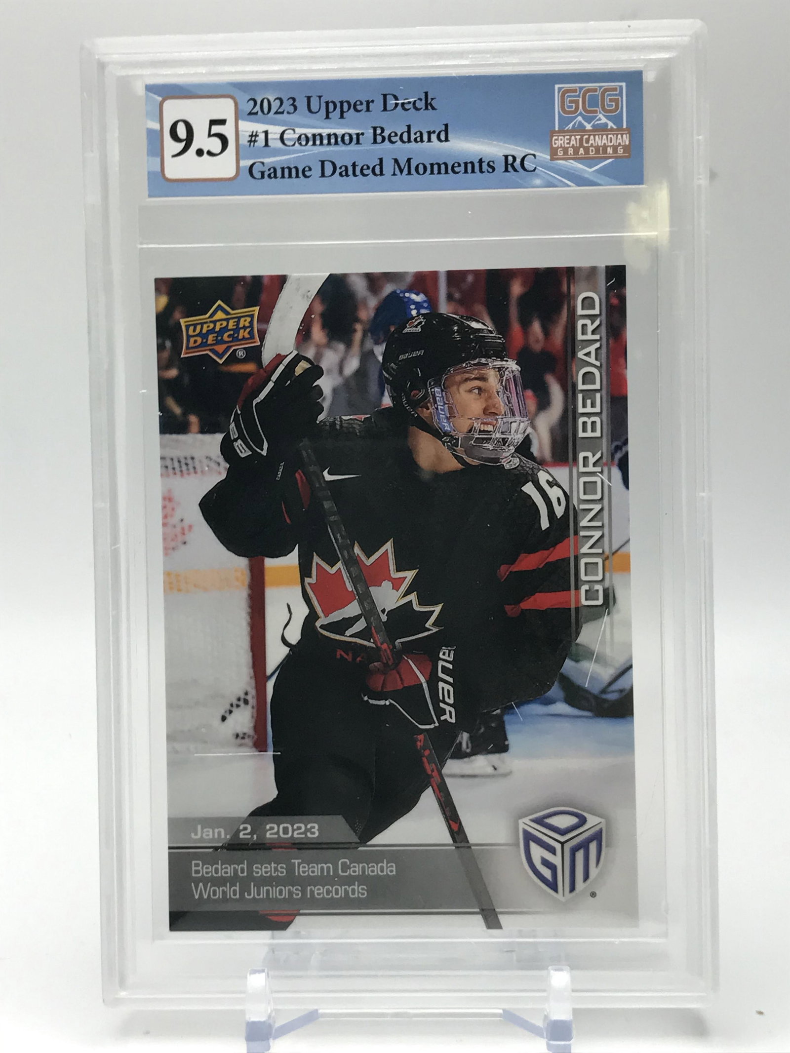 2023 UPPER DECK NO.1 CONNOR BEDARD GAME DATED MOMENTS ROOKIE CARD GCG GRDED 9.5: Prices are in Canadian dollars
