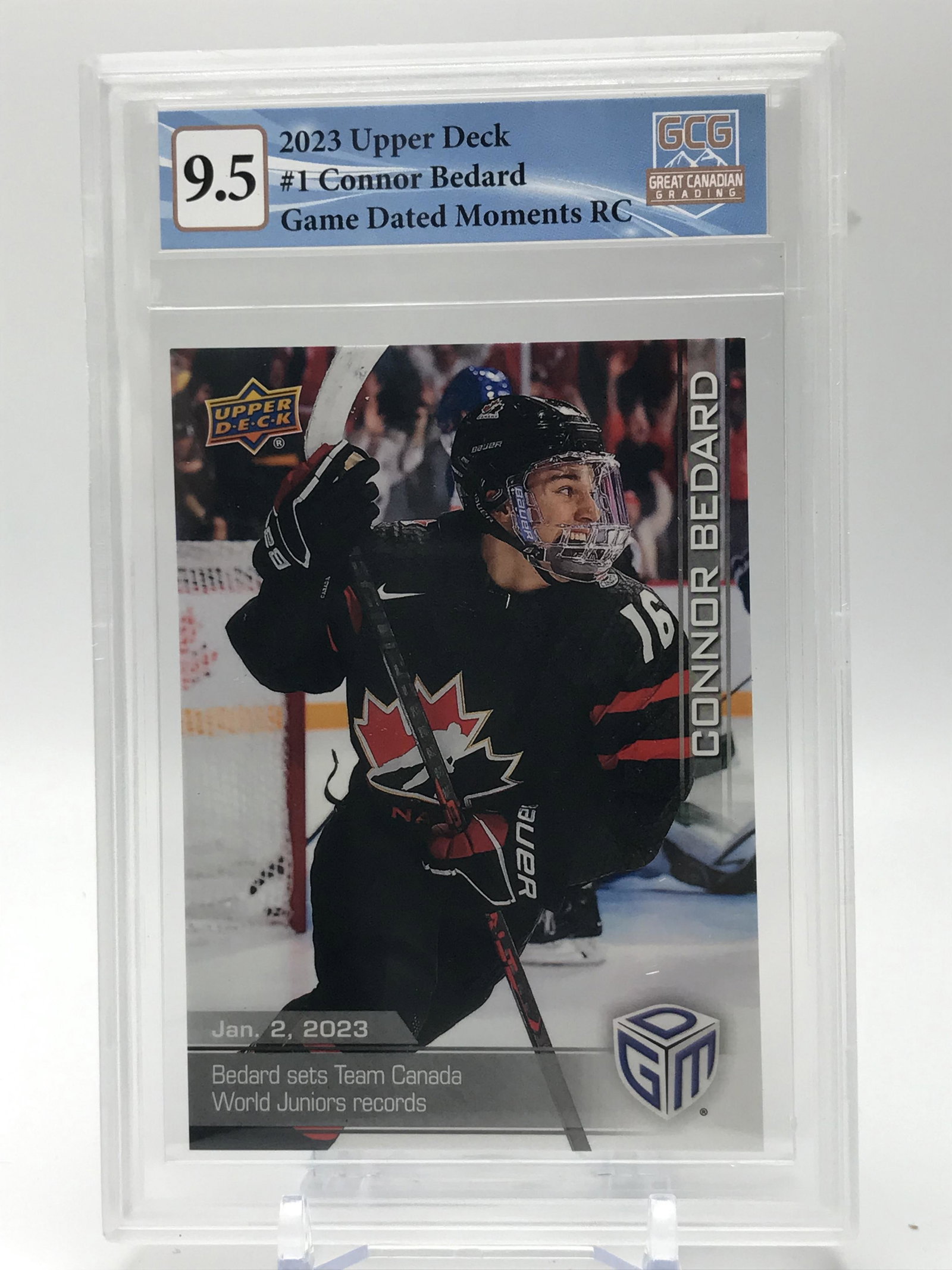 2023 UPPER DECK NO.1 CONNOR BEDARD GAME DATED MOMENTS ROOKIE CARD GCG GRDED 9.5: Prices are in Canadian dollars
