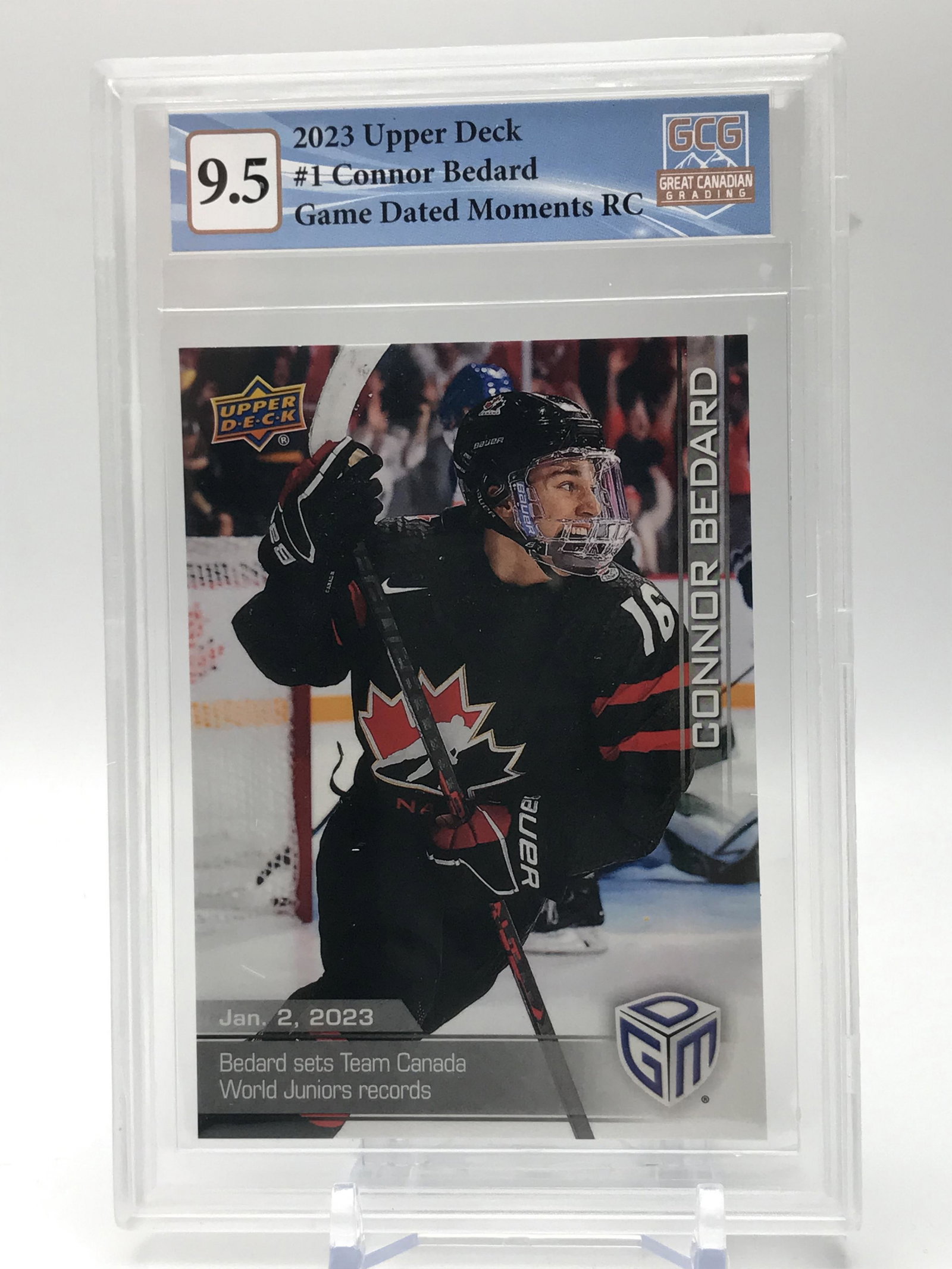 2023 UPPER DECK NO.1 CONNOR BEDARD GAME DATED MOMENTS ROOKIE CARD GCG GRDED 9.5: Prices are in Canadian dollars