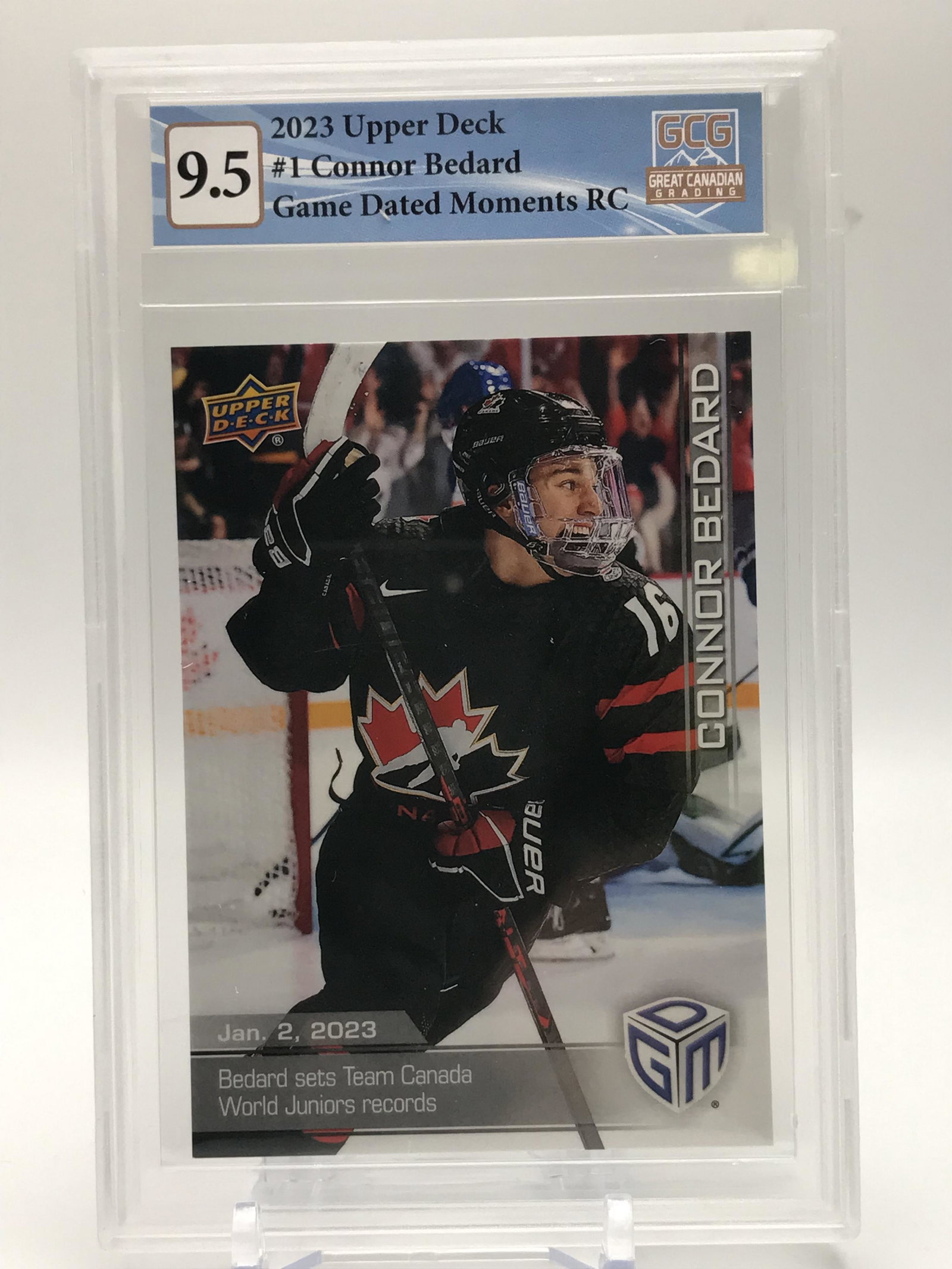 2023 UPPER DECK NO.1 CONNOR BEDARD GAME DATED MOMENTS ROOKIE CARD GCG GRDED 9.5: Prices are in Canadian dollars