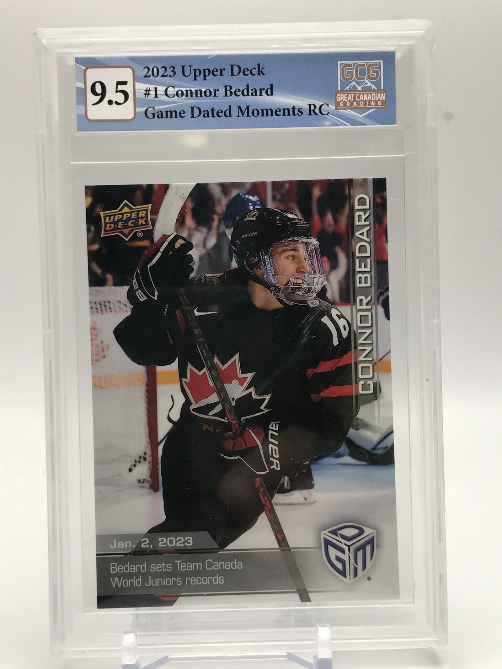 2023 UPPER DECK NO.1 CONNOR BEDARD GAME DATED MOMENTS ROOKIE CARD GCG GRDED 9.5: Prices are in Canadian dollars
