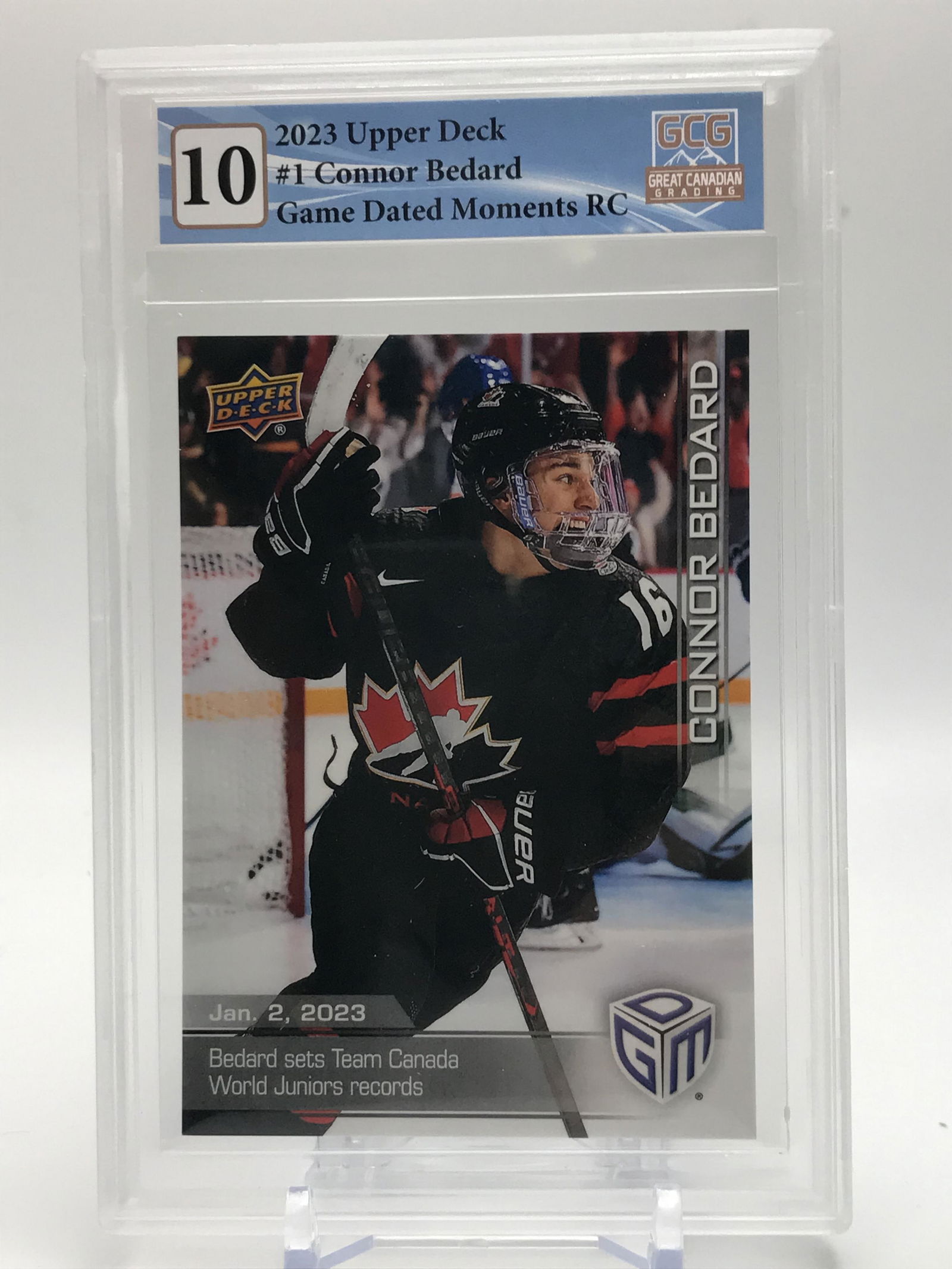 2023 UPPER DECK NO.1 CONNOR BEDARD GAME DATED MOMENTS ROOKIE CARD GCG GRDED 10 (1 of 2)