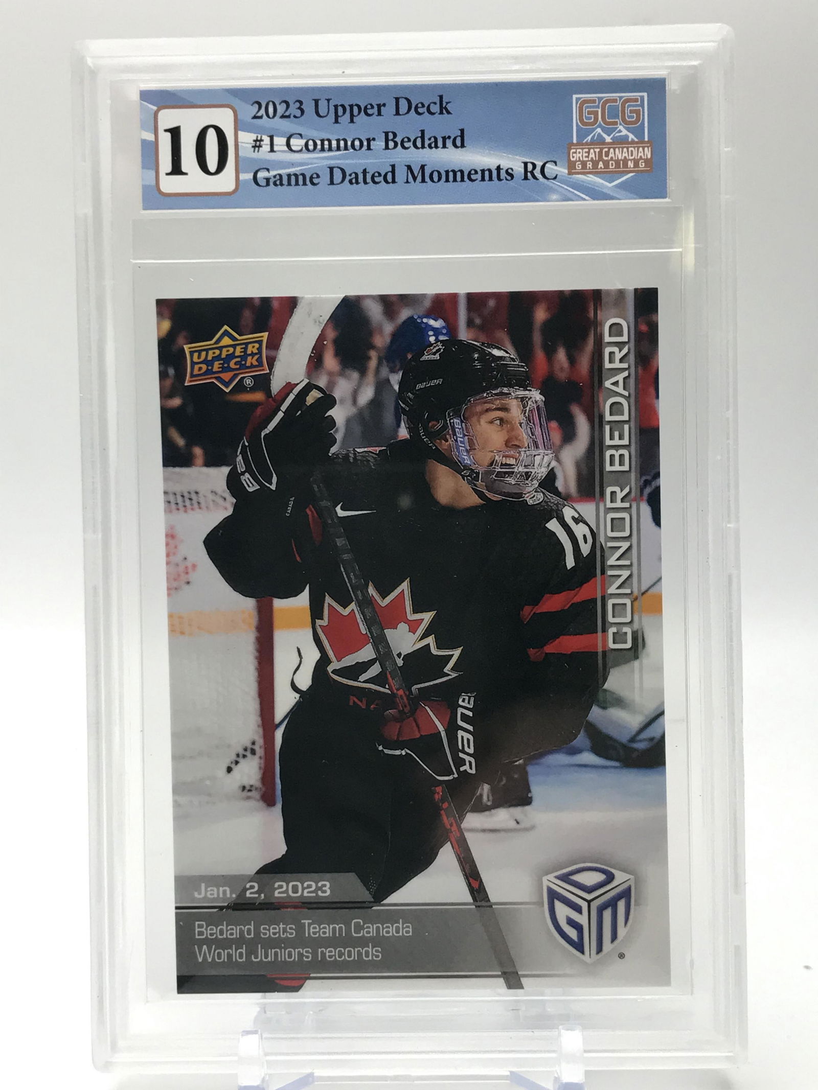 2023 UPPER DECK NO.1 CONNOR BEDARD GAME DATED MOMENTS ROOKIE CARD GCG GRDED 10 (1 of 2)