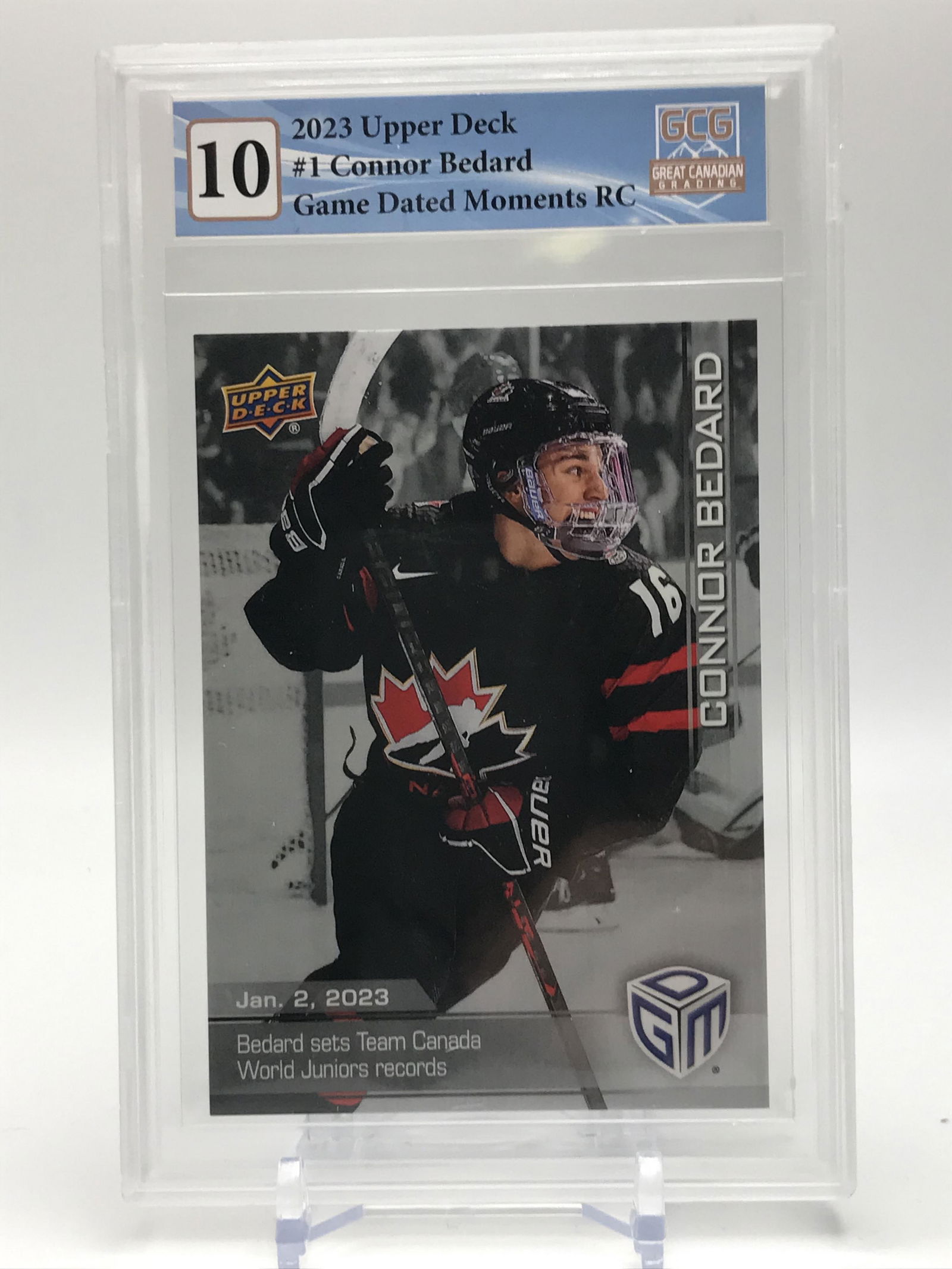 2023 UPPER DECK NO.1 CONNOR BEDARD GAME DATED MOMENTS ROOKIE CARD GCG GRDED 10 (1 of 2)
