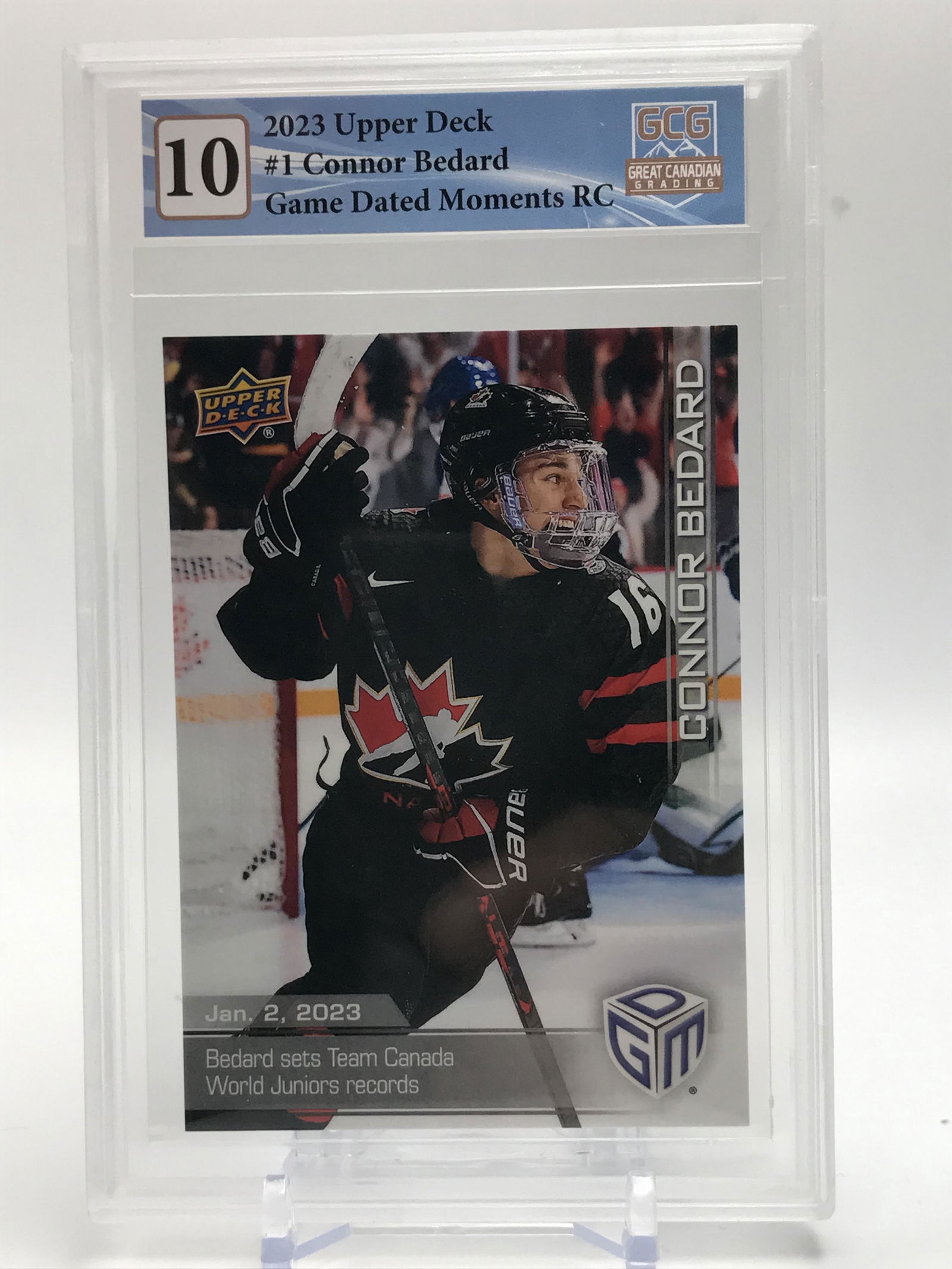 2023 UPPER DECK NO.1 CONNOR BEDARD GAME DATED MOMENTS ROOKIE CARD GCG GRDED 10 (1 of 2)