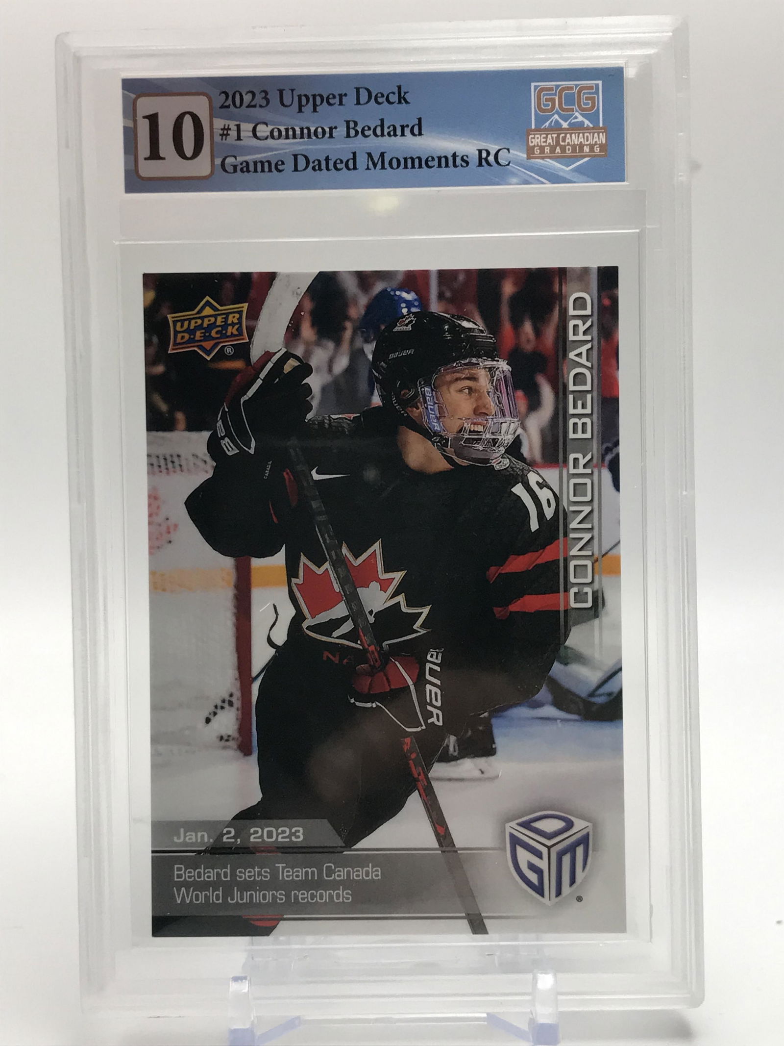 2023 UPPER DECK NO.1 CONNOR BEDARD GAME DATED MOMENTS ROOKIE CARD GCG GRDED 10 (1 of 2)