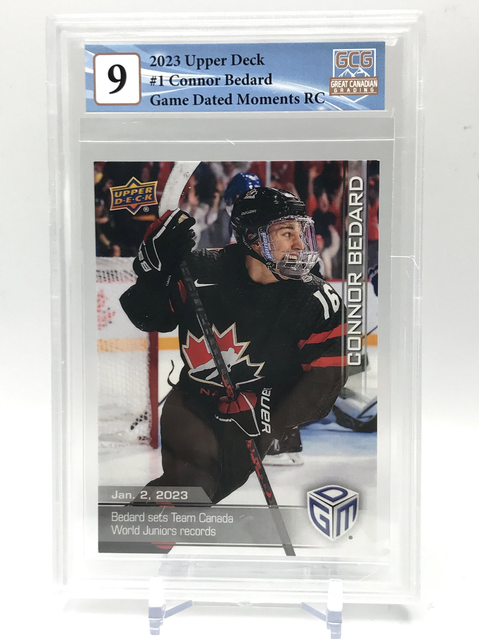 2023 UPPER DECK NO.1 CONNOR BEDARD GAME DATED MOMENTS RC GCG GRADED 9: Prices are in Canadian dollars