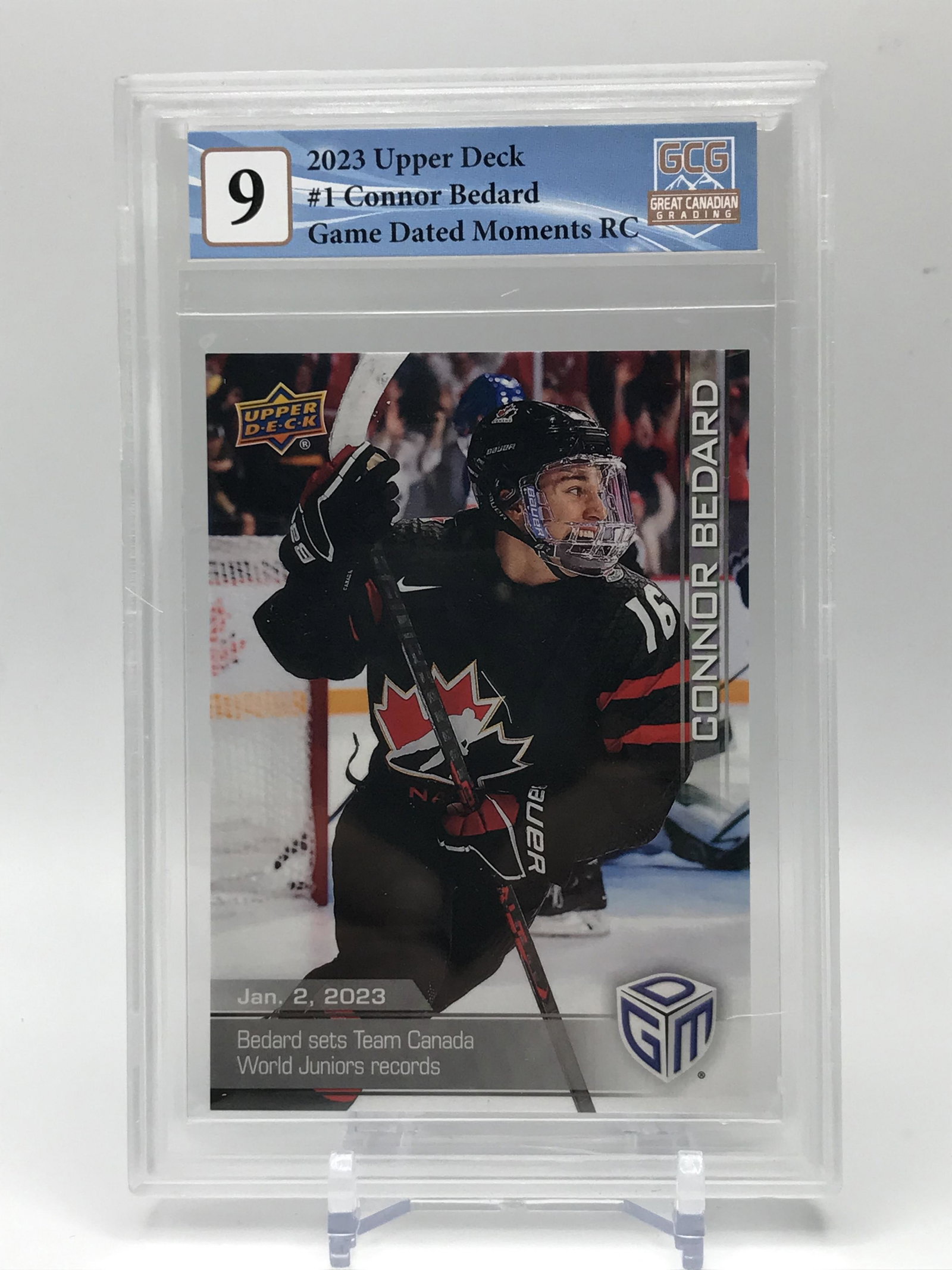 2023 UPPER DECK NO.1 CONNOR BEDARD GAME DATED MOMENTS RC GCG GRADED 9: Prices are in Canadian dollars