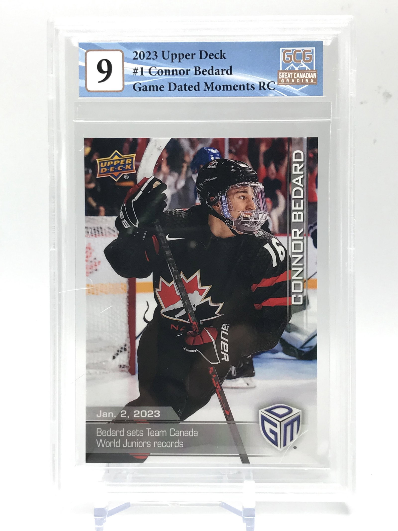 2023 UPPER DECK NO.1 CONNOR BEDARD GAME DATED MOMENTS RC GCG GRADED 9: Prices are in Canadian dollars