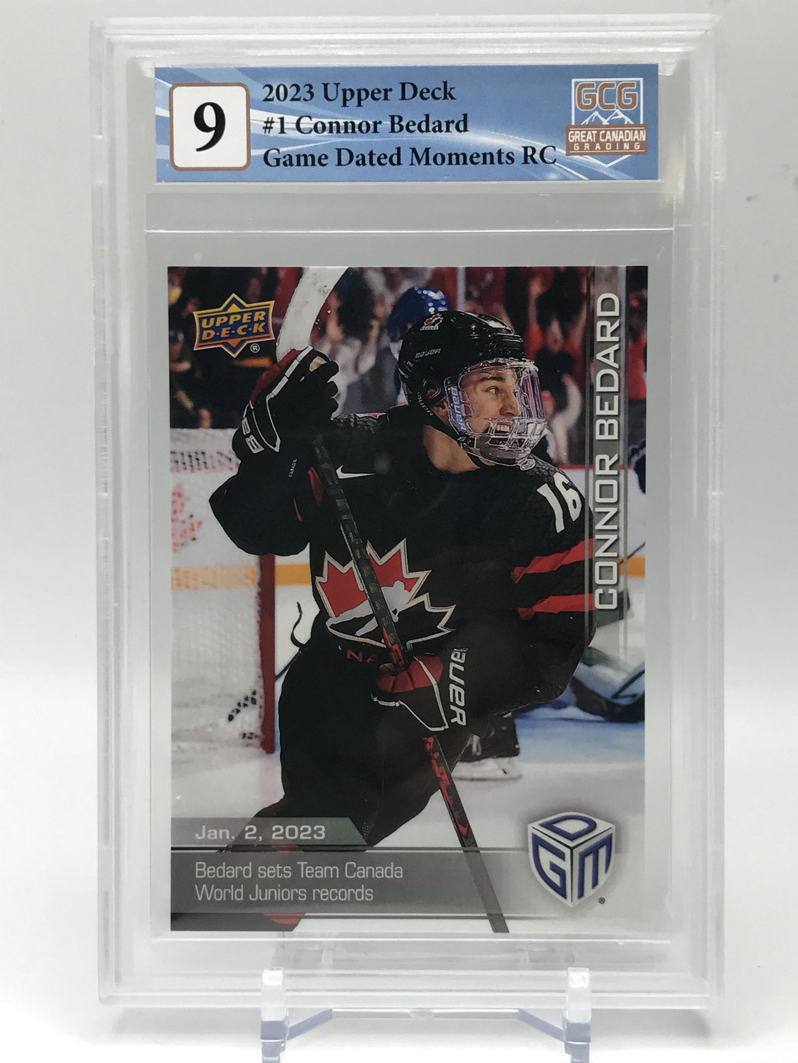 2023 UPPER DECK NO.1 CONNOR BEDARD GAME DATED MOMENTS RC GCG GRADED 9: Prices are in Canadian dollars