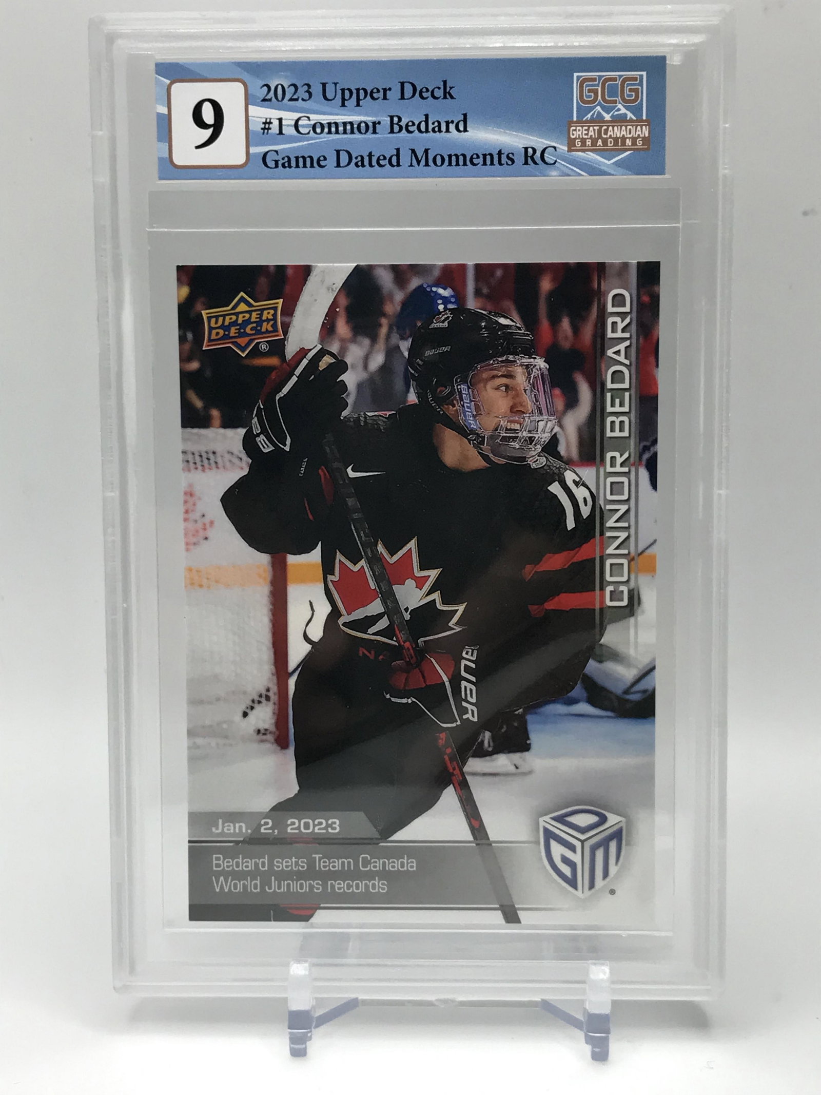 2023 UPPER DECK NO.1 CONNOR BEDARD GAME DATED MOMENTS RC GCG GRADED 9: Prices are in Canadian dollars