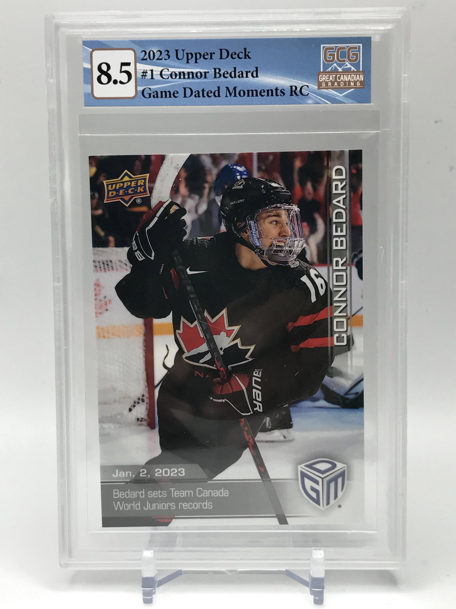 2023 UPPER DECK NO.1 CONNOR BEDARD GAME DATED MOMENTS RC GCG GRADED 8.5: Prices are in Canadian dollars