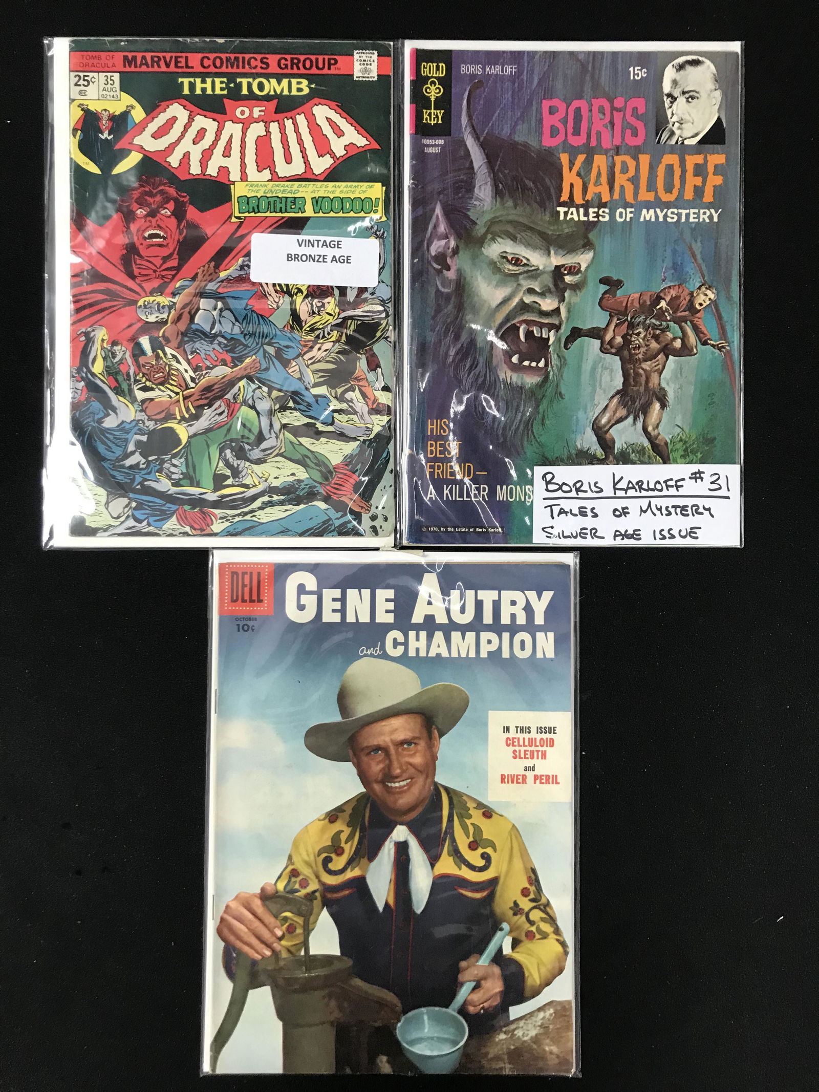 LOT OF 3 VINTAGE COMICS THE TOMB OF DRACULA, BORIS KARLOFF AND GENE AUTRY (MARVEL AND DELL COMICS) (1 of 1)