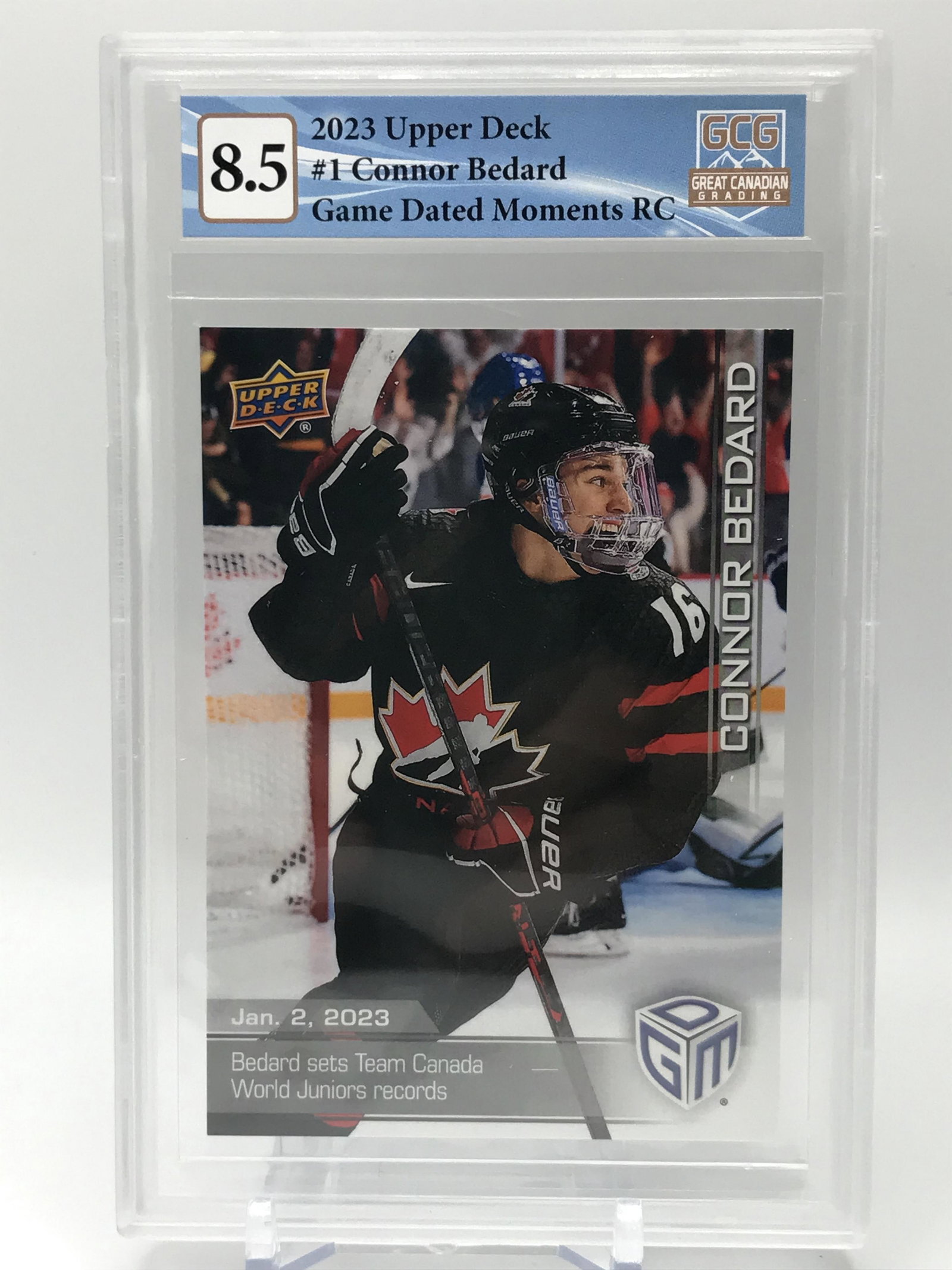 2023 UPPER DECK NO.1 CONNOR BEDARD GAME DATED MOMENTS RC GCG GRADED 8.5: Prices are in Canadian dollars