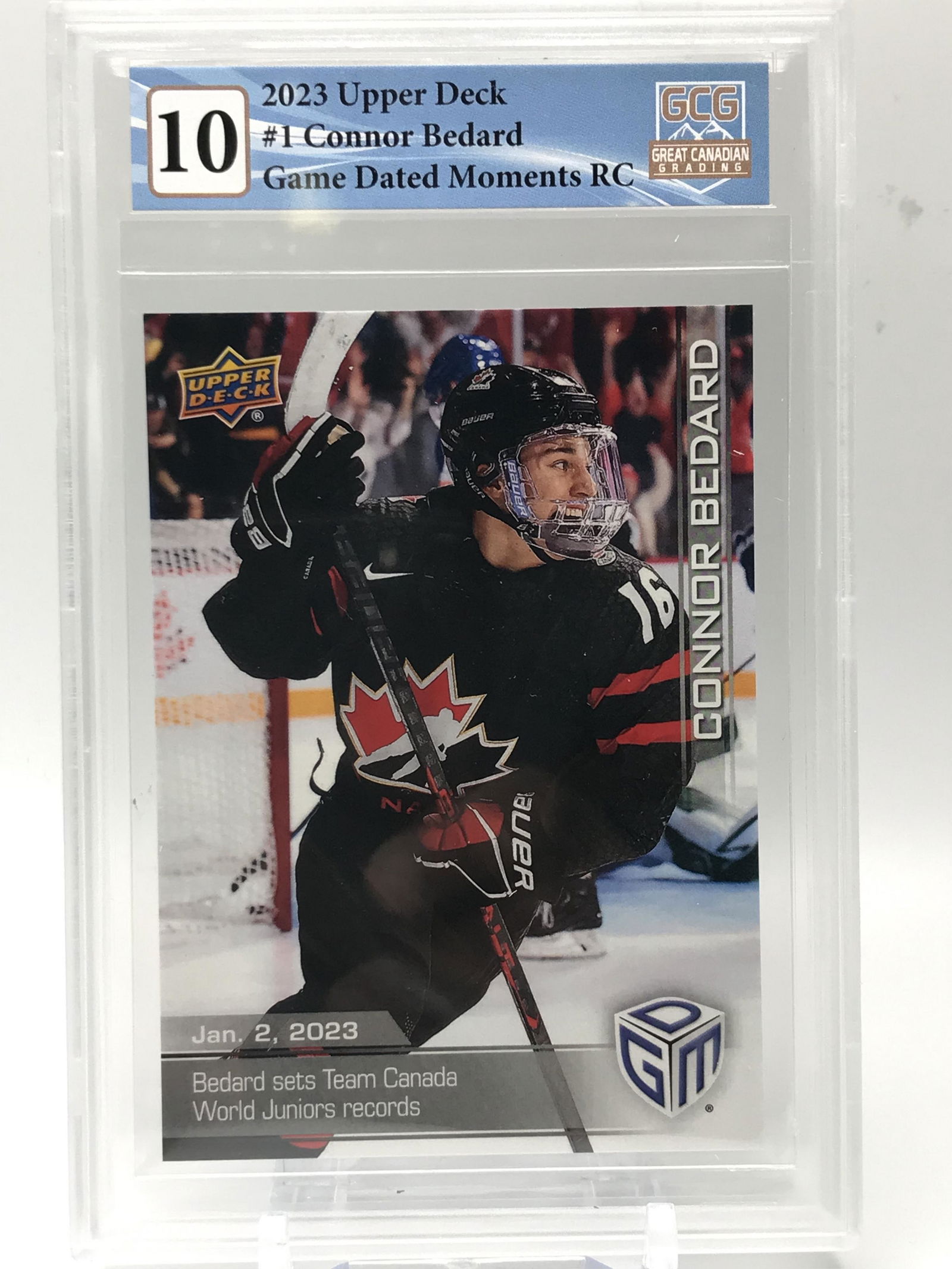2023 UPPER DECK NO.1 CONNOR BEDARD GAME DATED MOMENTS RC GCG GRADED 10 (1 of 2)