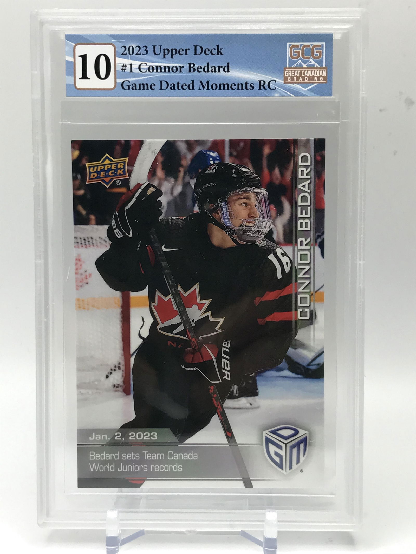 2023 UPPER DECK NO.1 CONNOR BEDARD GAME DATED MOMENTS RC GCG GRADED 10 (1 of 2)