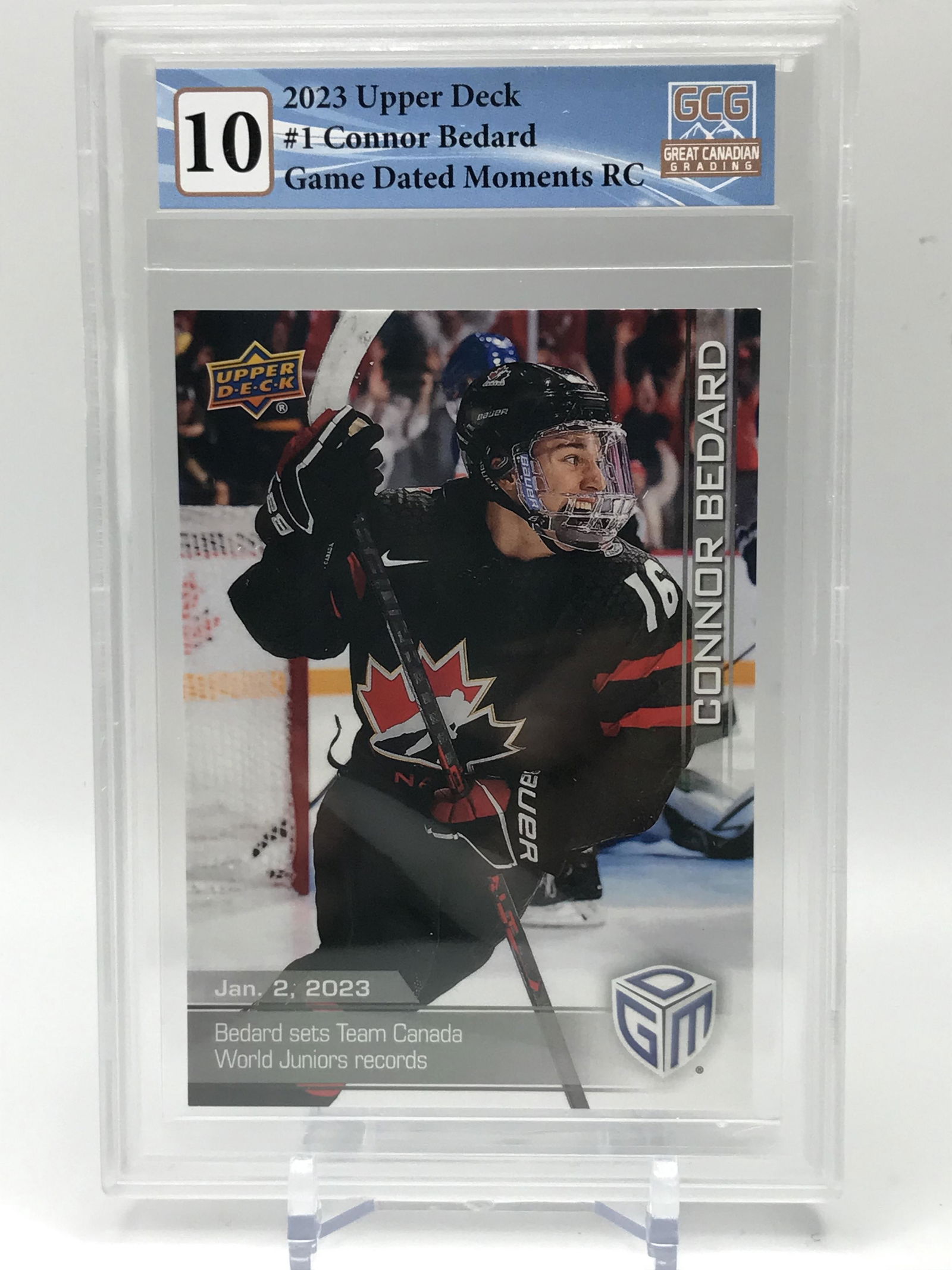 2023 UPPER DECK NO.1 CONNOR BEDARD GAME DATED MOMENTS RC GCG GRADED 10 (1 of 2)
