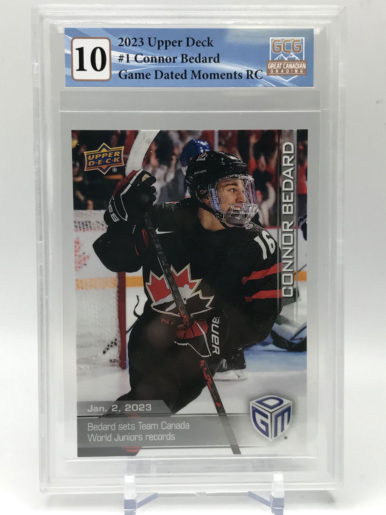 2023 UPPER DECK NO.1 CONNOR BEDARD GAME DATED MOMENTS RC GCG GRADED 10 (1 of 2)