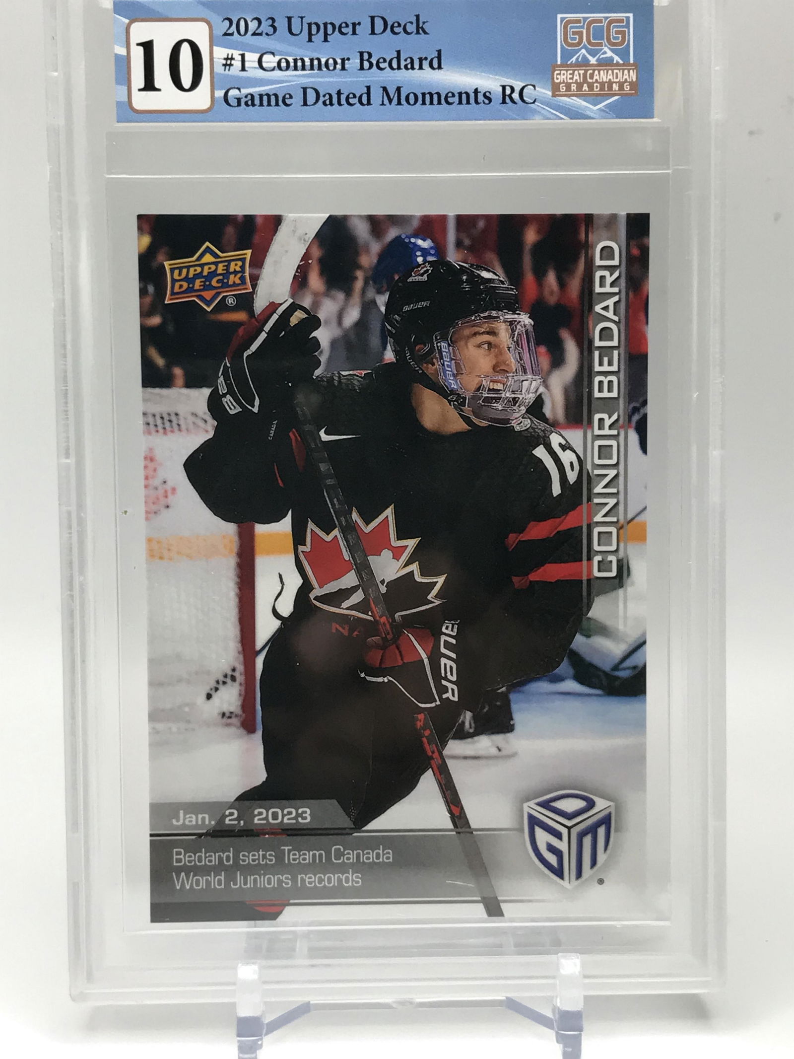 2023 UPPER DECK NO.1 CONNOR BEDARD GAME DATED MOMENTS RC GCG GRADED 10 (1 of 2)
