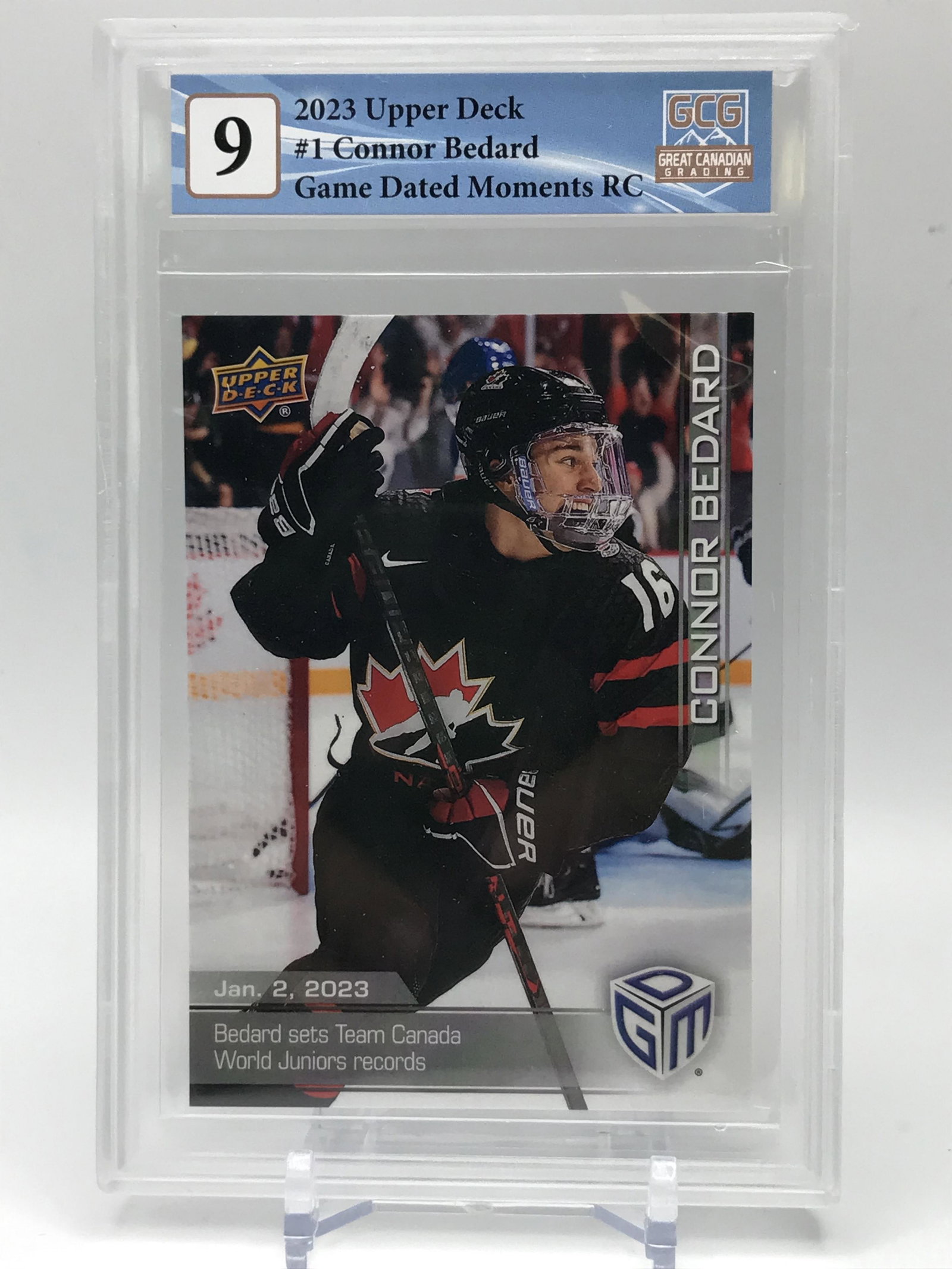 2023 UPPER DECK NO.1 CONNOR BEDARD GAME DATED MOMENTS RC GCG GRADED 9: Prices are in Canadian dollars