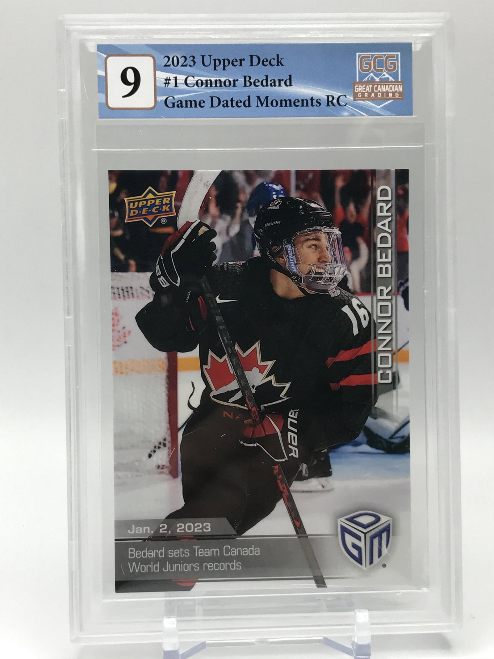 2023 UPPER DECK NO.1 CONNOR BEDARD GAME DATED MOMENTS RC GCG GRADED 9: Prices are in Canadian dollars