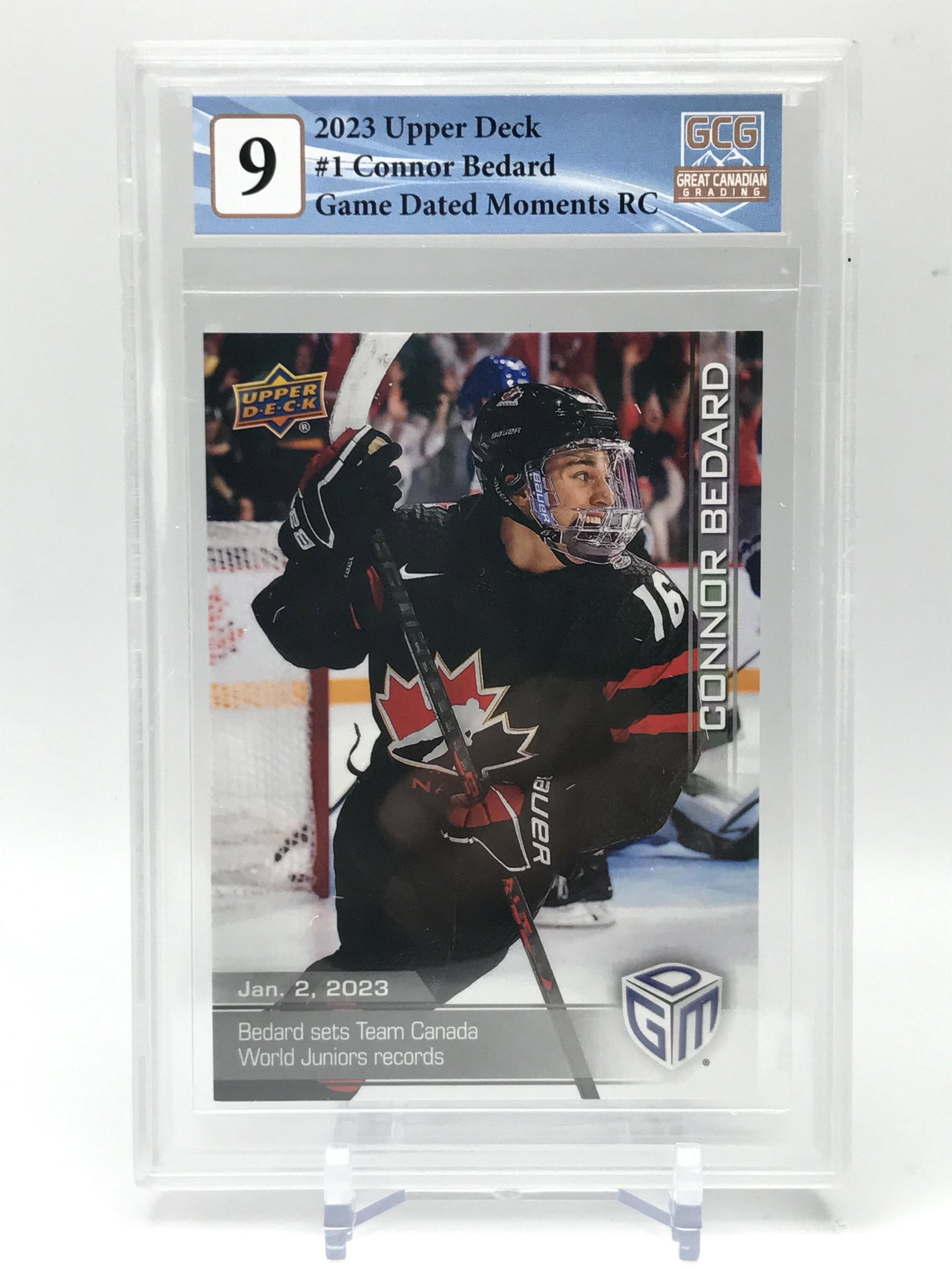 2023 UPPER DECK NO.1 CONNOR BEDARD GAME DATED MOMENTS RC GCG GRADED 9: Prices are in Canadian dollars