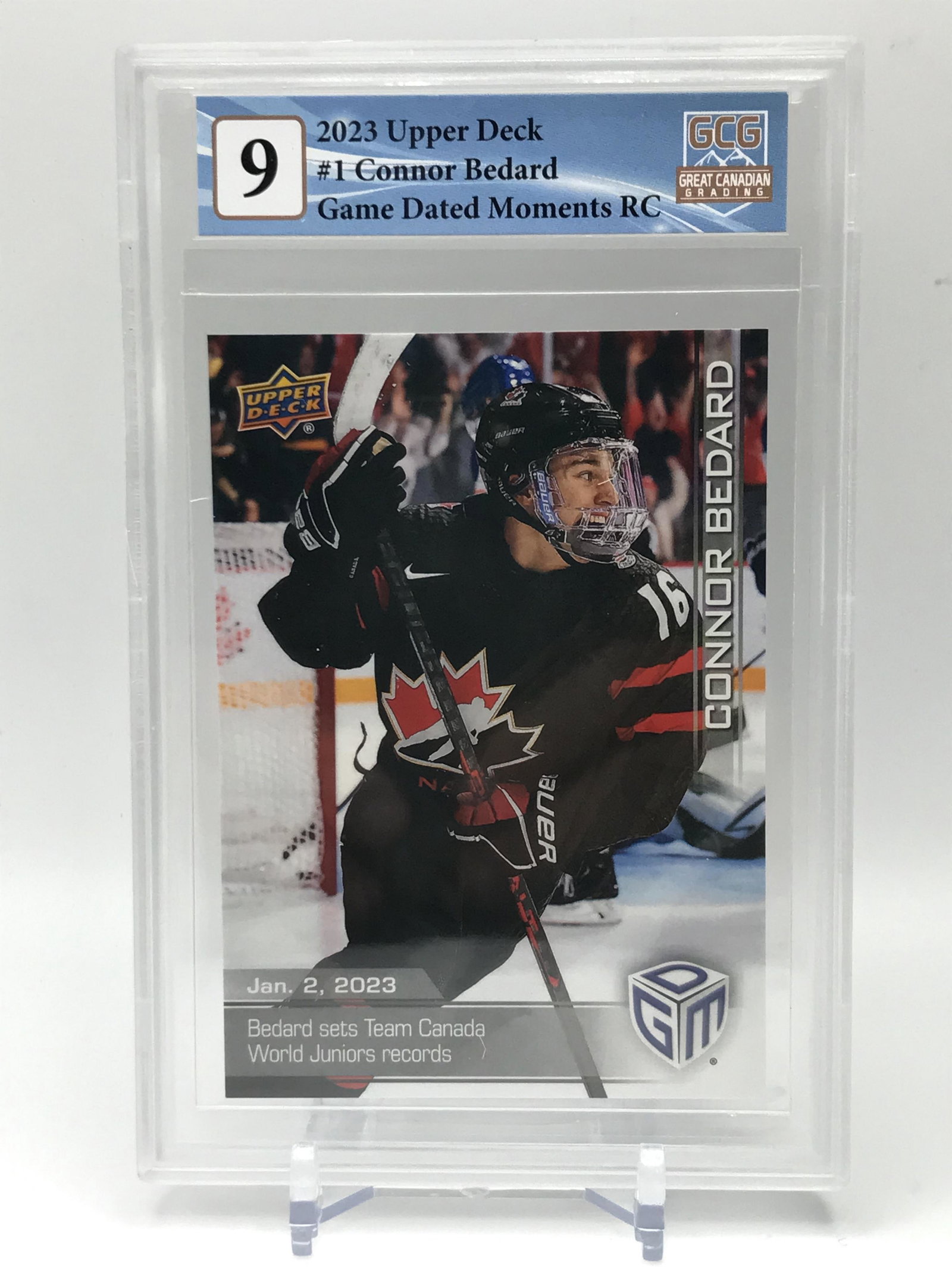 2023 UPPER DECK NO.1 CONNOR BEDARD GAME DATED MOMENTS RC GCG GRADED 9: Prices are in Canadian dollars