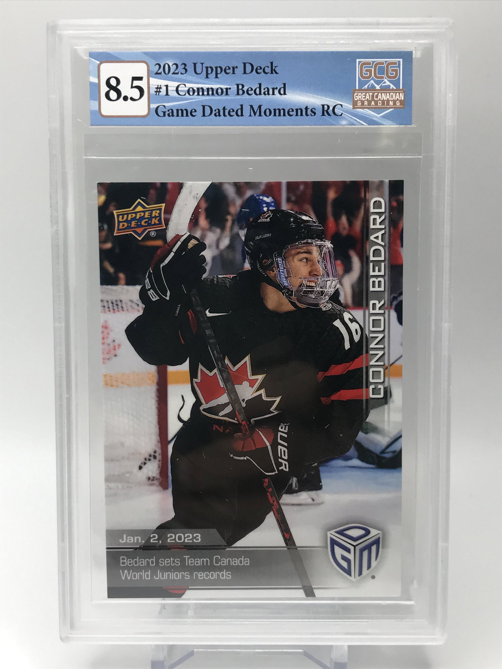 2023 UPPR DECK CONNOR BEDARD GAME DATED ROOKIE CARD (GCG 8.5): Prices are in Canadian dollars