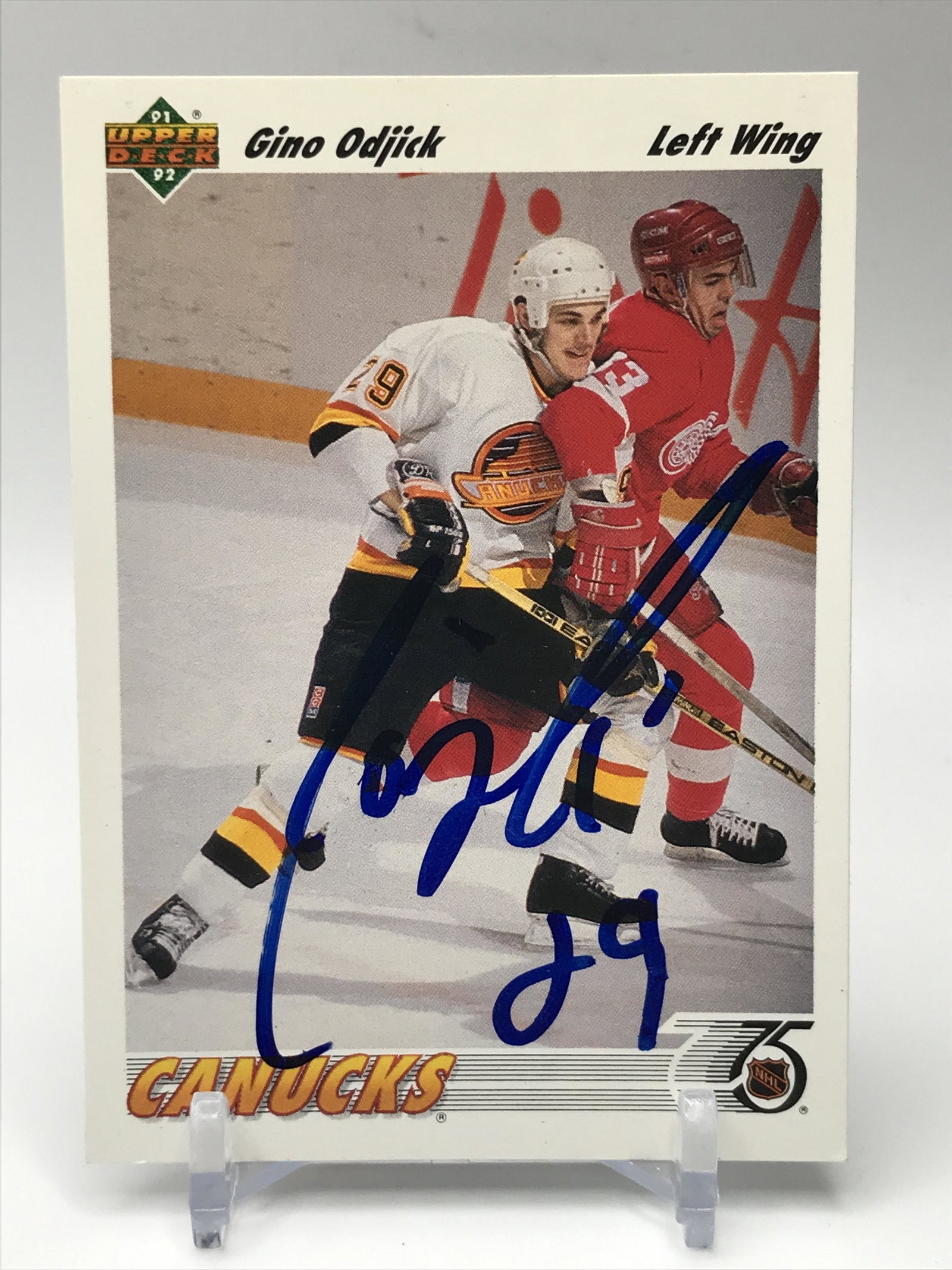 GINO ODJICK SIGNED HOCKEY CARD: Prices are in Canadian dollars