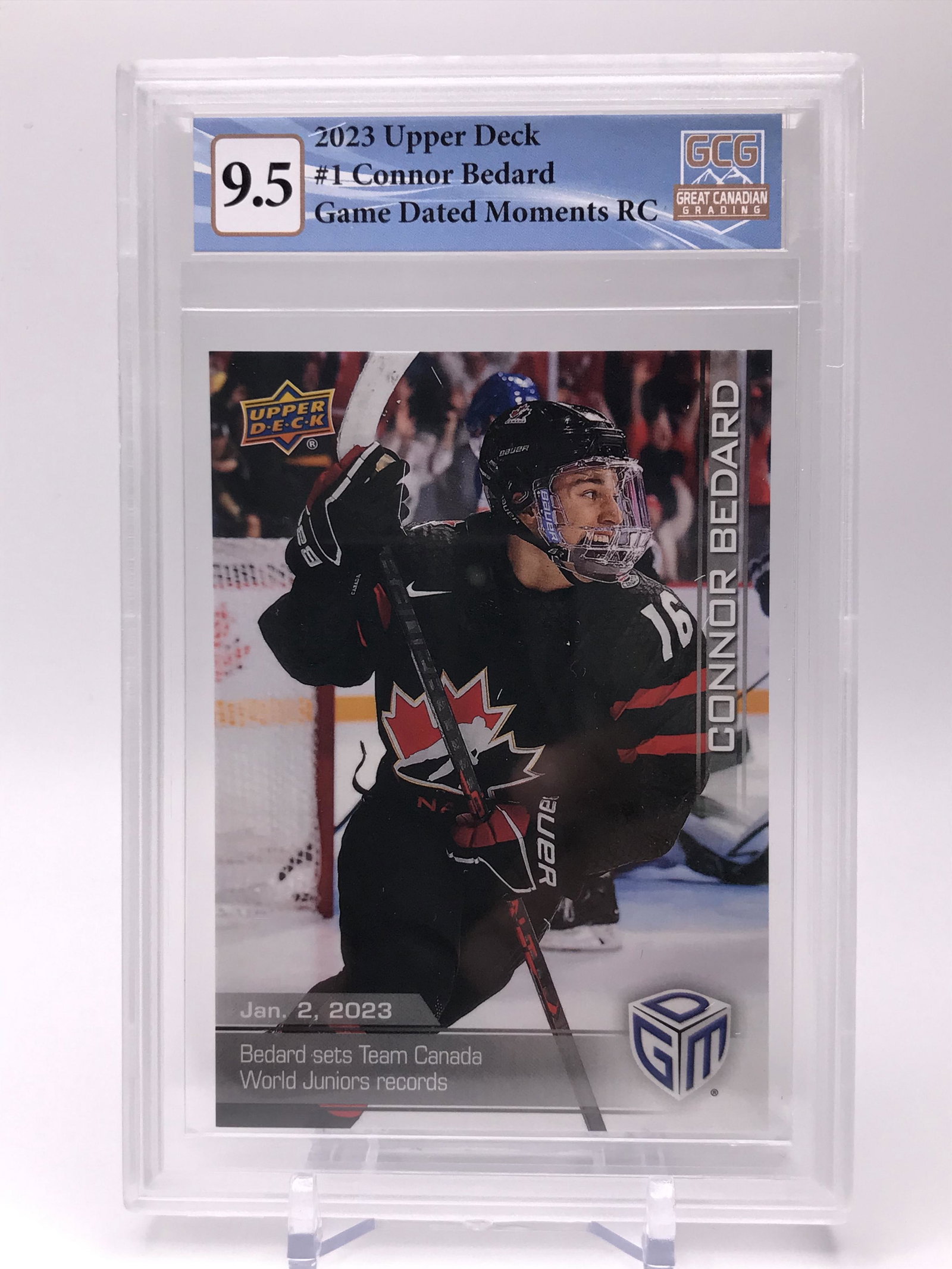 2023 UPPER DECK CONNOR BEDARD GAME DATED MOMENTS ROOKIE CARD (GCG 9.5): Prices are in Canadian dollars