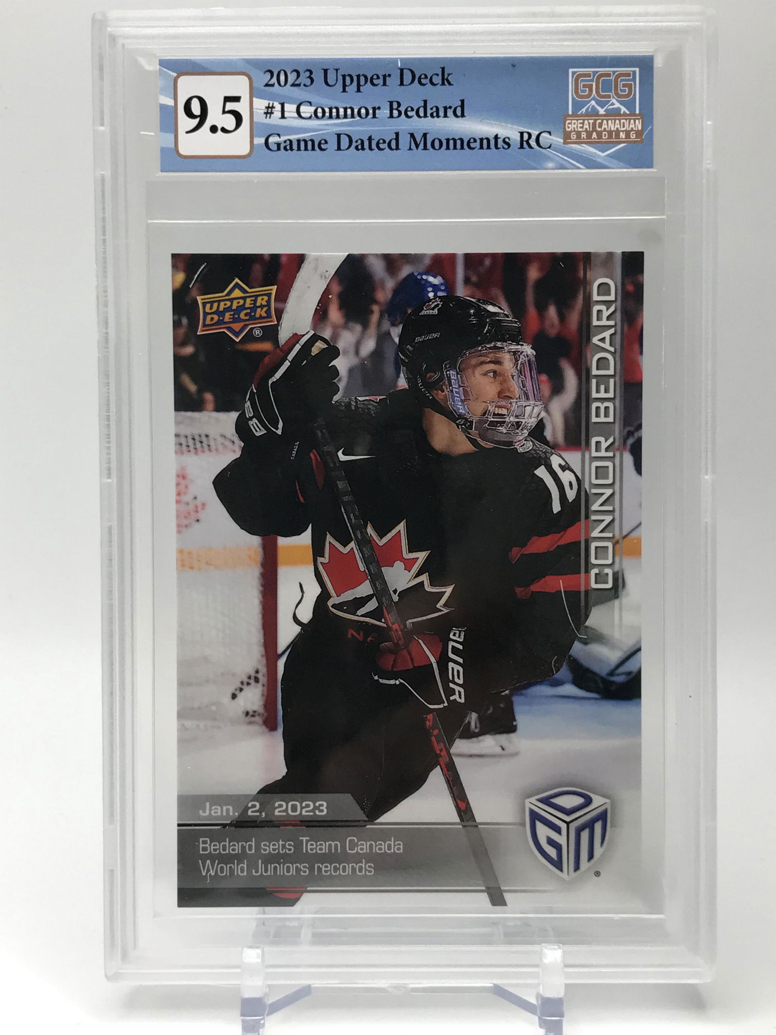 2023 UPPER DECK CONNOR BEDARD GAME DATED MOMENTS ROOKIE CARD (GCG 9.5) (1 of 2)