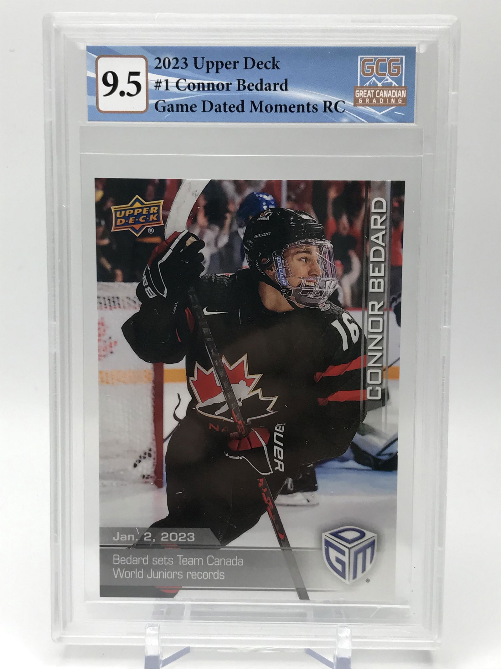 2023 UPPER DECK CONNOR BEDARD GAME DATED MOMENTS ROOKIE CARD (GCG 9.5) (1 of 2)