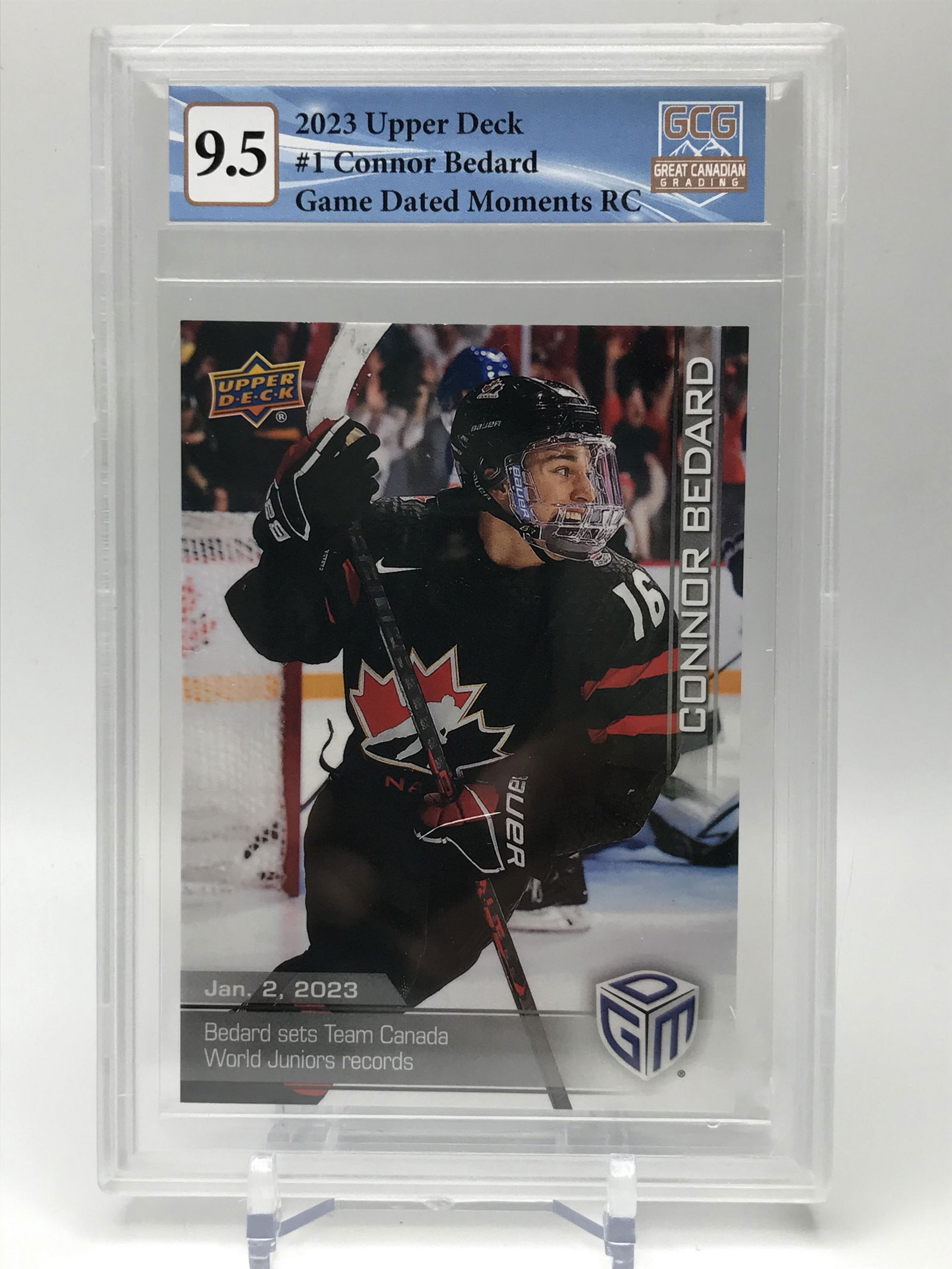 2023 UPPER DECK CONNOR BEDARD GAME DATED MOMENTS ROOKIE CARD (GCG 9.5) (1 of 2)
