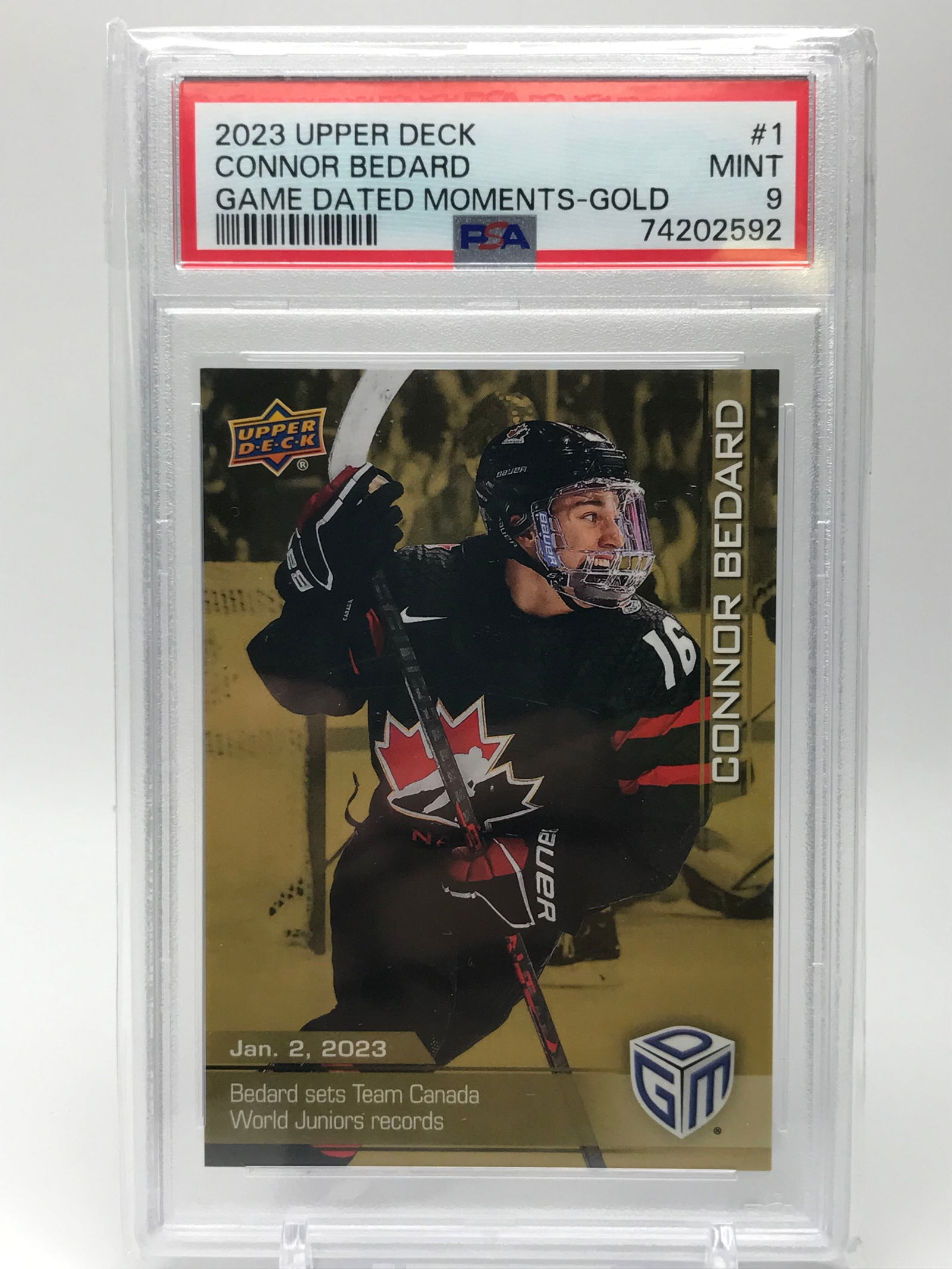 2023 UPPER DECK CONNOR BEDARD GAME DATED MOMENTS-GOLD PSA GARDED 9 (1 of 2)
