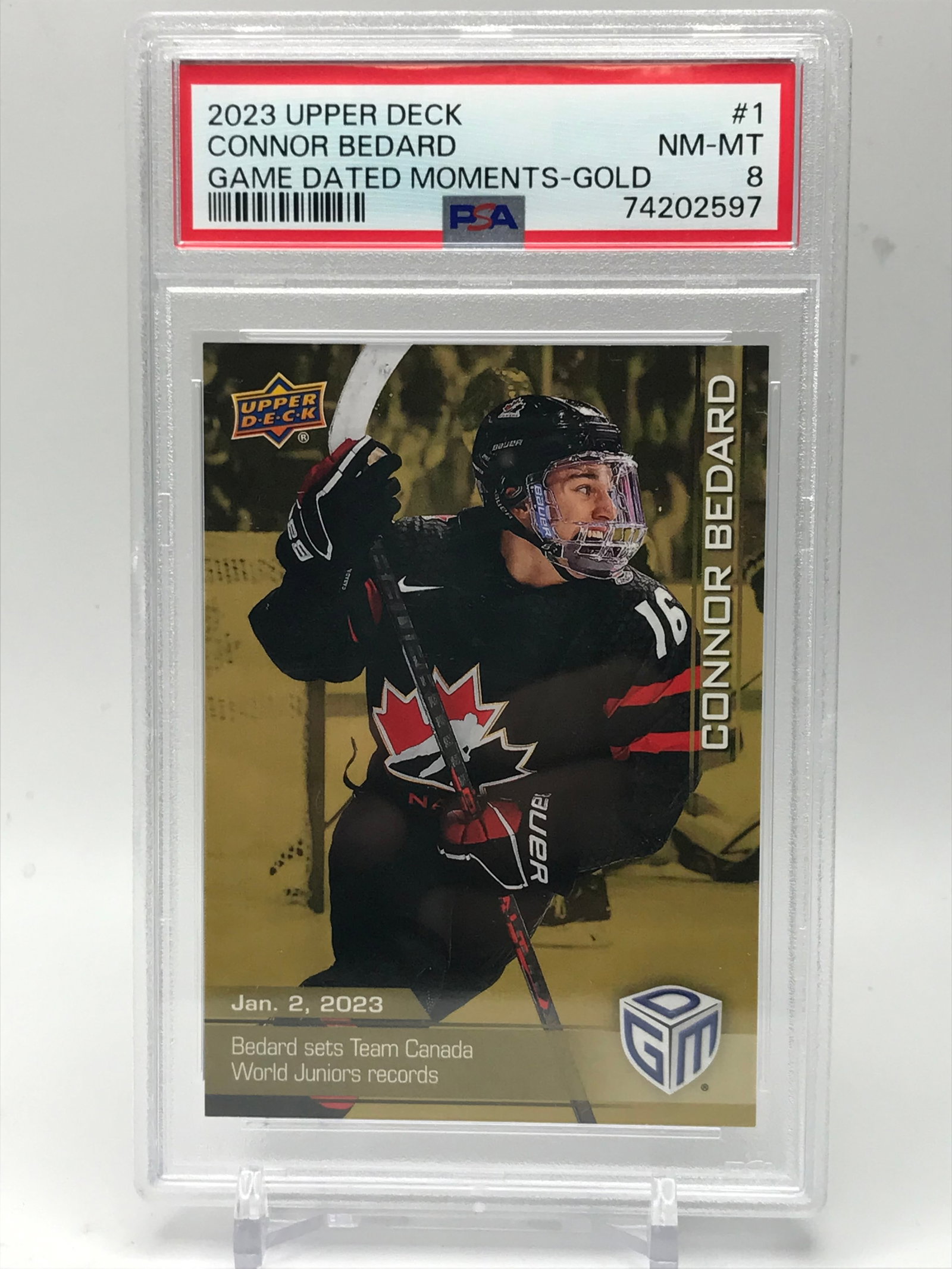 2023 UPPER DEAK NO,1 CONNOR BEDARD GAME DATED MOMENTS-GOLD PSA GRADED 8: Prices are in Canadian Dollars