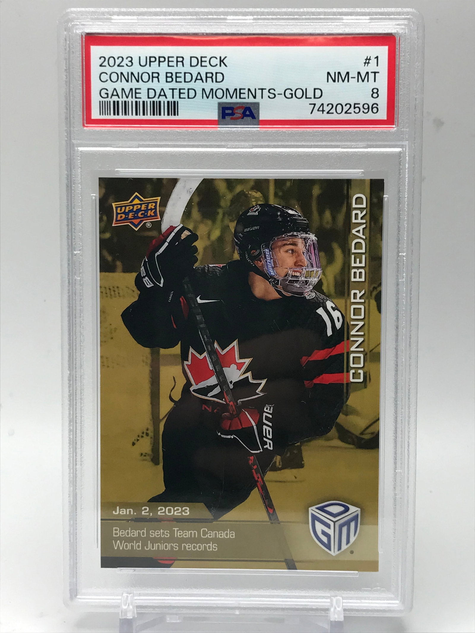 2023 UPPER DEAK NO,1 CONNOR BEDARD GAME DATED MOMENTS-GOLD PSA GRADED 8: Prices are in Canadian Dollars