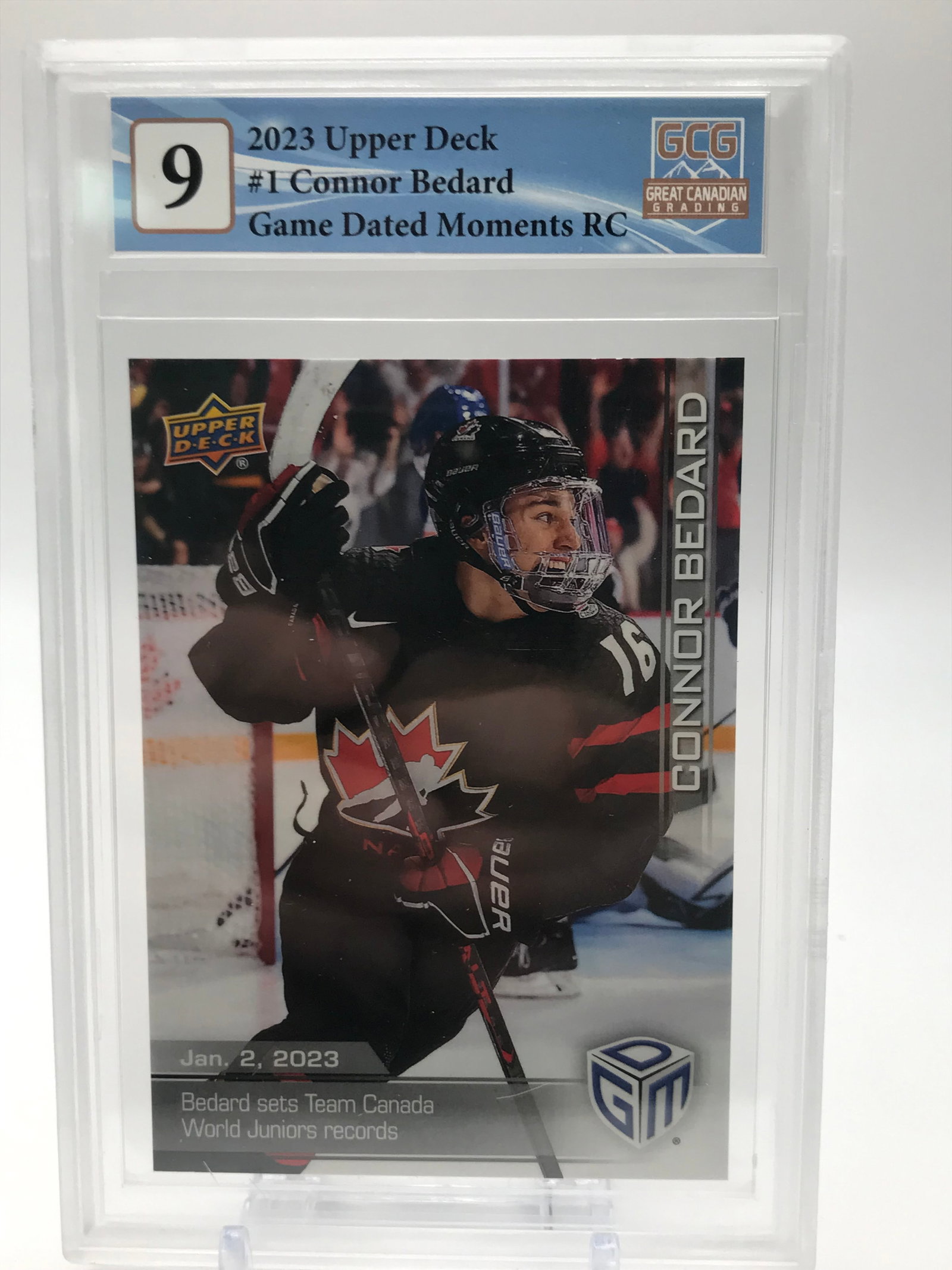 2023 UPPER DECK NO.1 CONNOR BEDARD GAME DATED MOMENTS RC GCG GRADED 9: Prices are in Canadian dollars