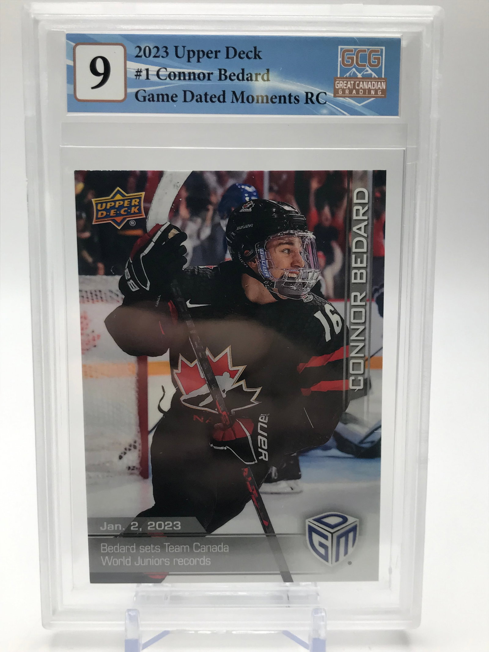 2023 UPPER DECK NO.1 CONNOR BEDARD GAME DATED MOMENTS RC GCG GRADED 9: Prices are in Canadian dollars