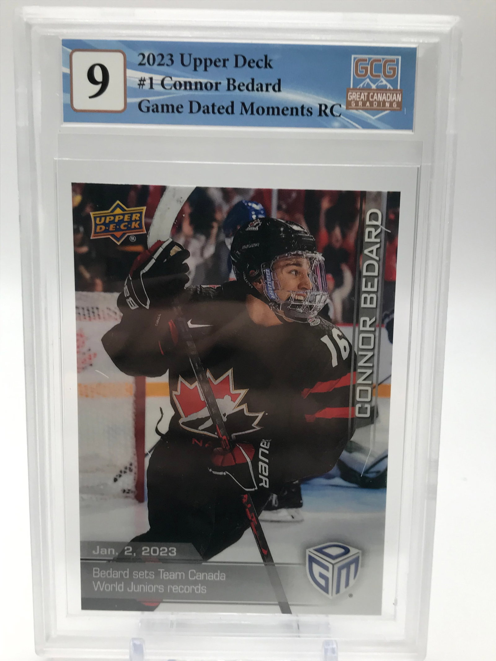 2023 UPPER DECK NO.1 CONNOR BEDARD GAME DATED MOMENTS RC GCG GRADED 9: Prices are in Canadian dollars