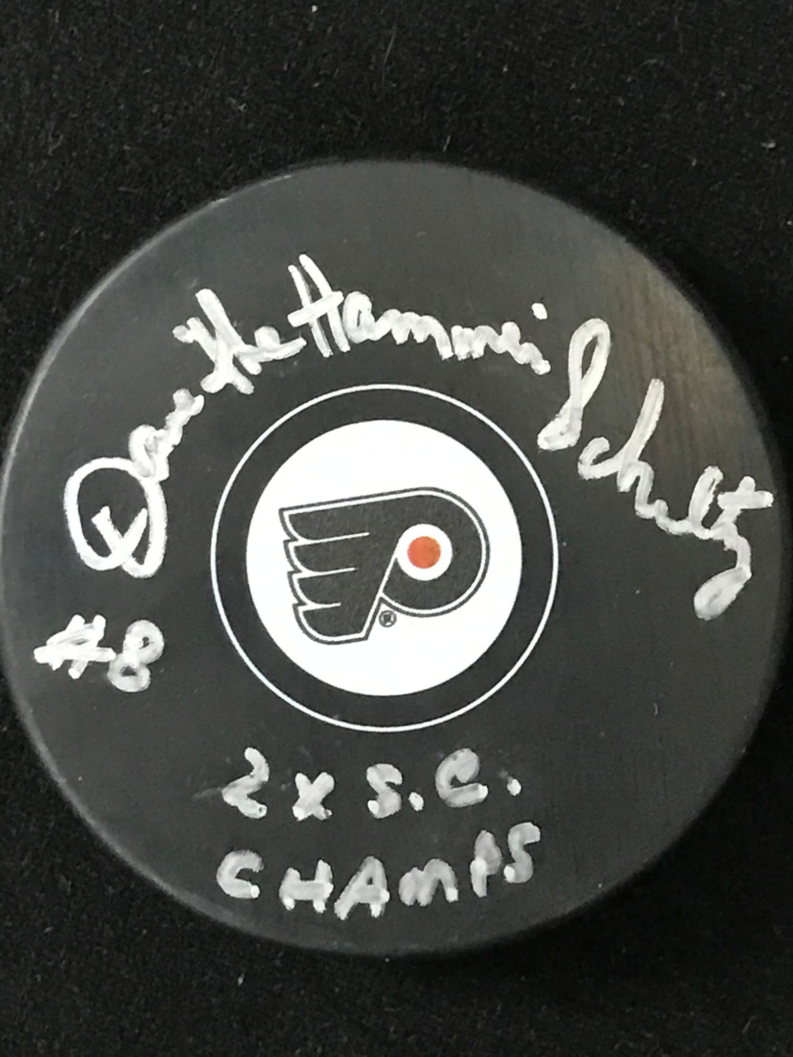 DAVE SCHULTZ SIGNED AND INSCRIBED FLYERS HOCKEY PUCK (JSA COA) (1 of 3)