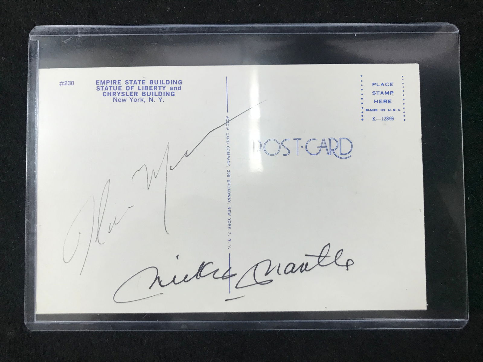 MICKEY MANTLE SIGNED NEW YORK VINTAGE POST CARD (PREMIER COA) (1 of 2)