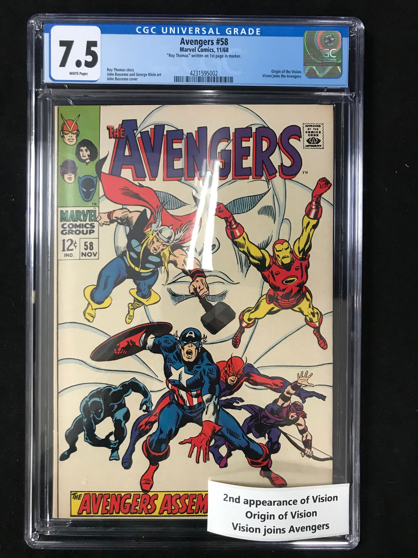 MARVEL COMICS NO.58 THE AVENGERS (2ND APP VISION) CGC GRADED 7.5 (1 of 1)