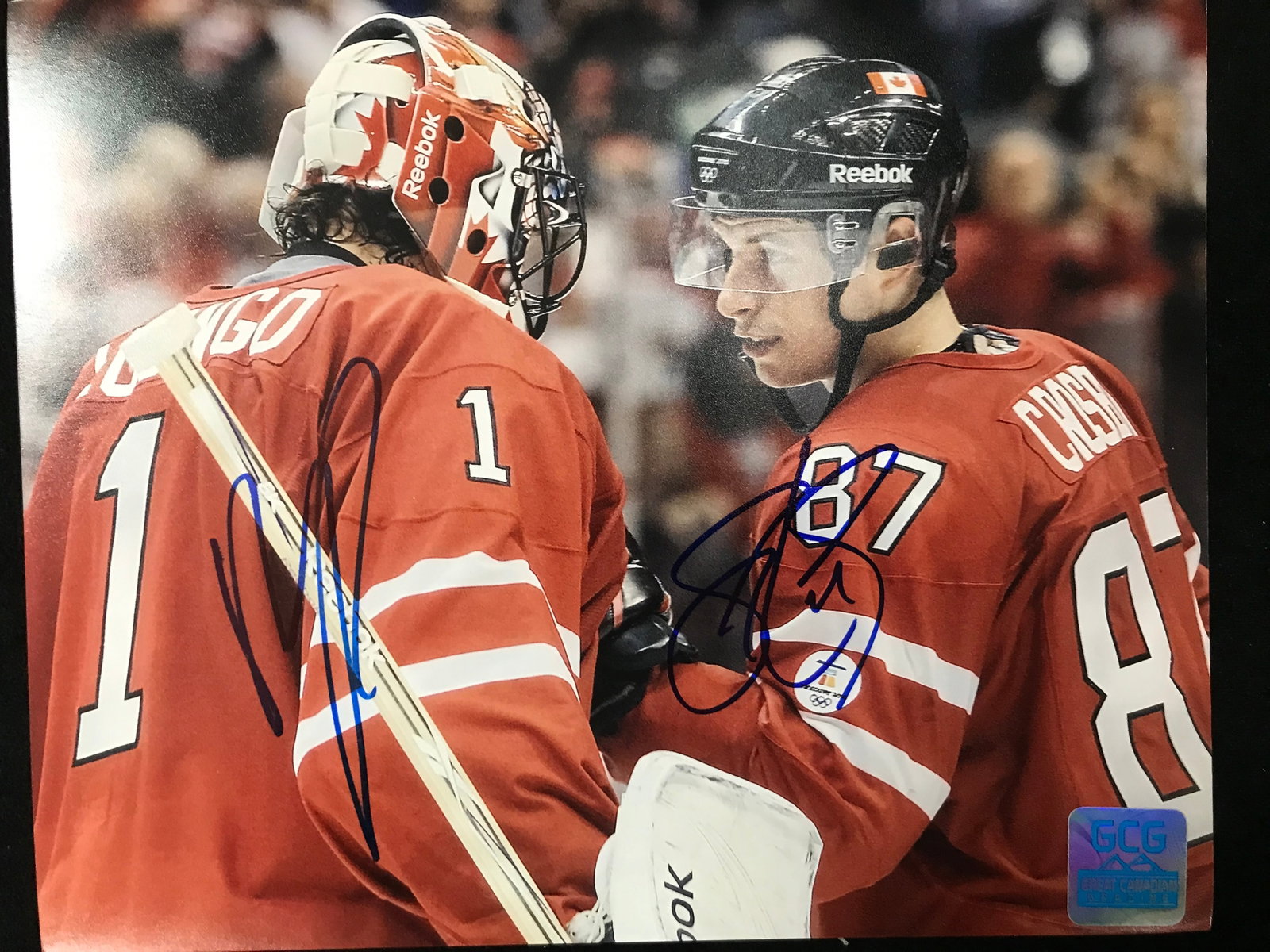SIDNEY CROSBY AND ROBERTO LUONGO SIGNED TEAM CANADA 8 X 10 (GCG HOLO): Prices are in Canadian dollars