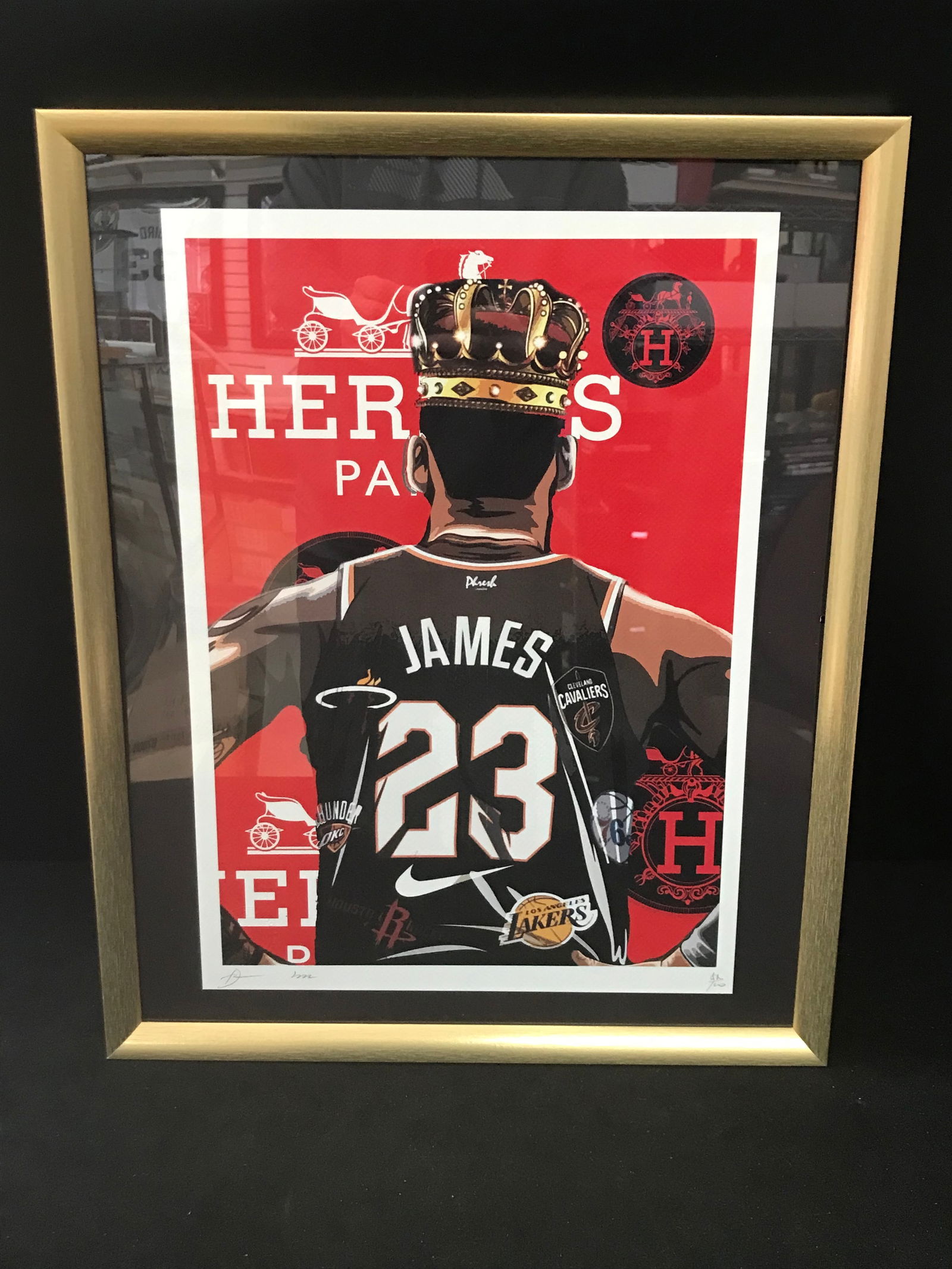 ARTIST SIGNED AND CUSTOM FRAMED LEBRON JAMES HERMES PRINT (DEATH INC COA) (1 of 3)