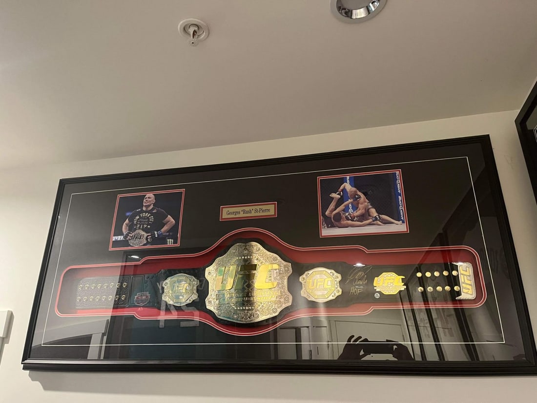 GEORGE ST. PIERRE SIGNED UFC PRO CHAMPIONSHIP BELT CUSTOM FRAMED (AMARI STEELE COA) (1 of 5)