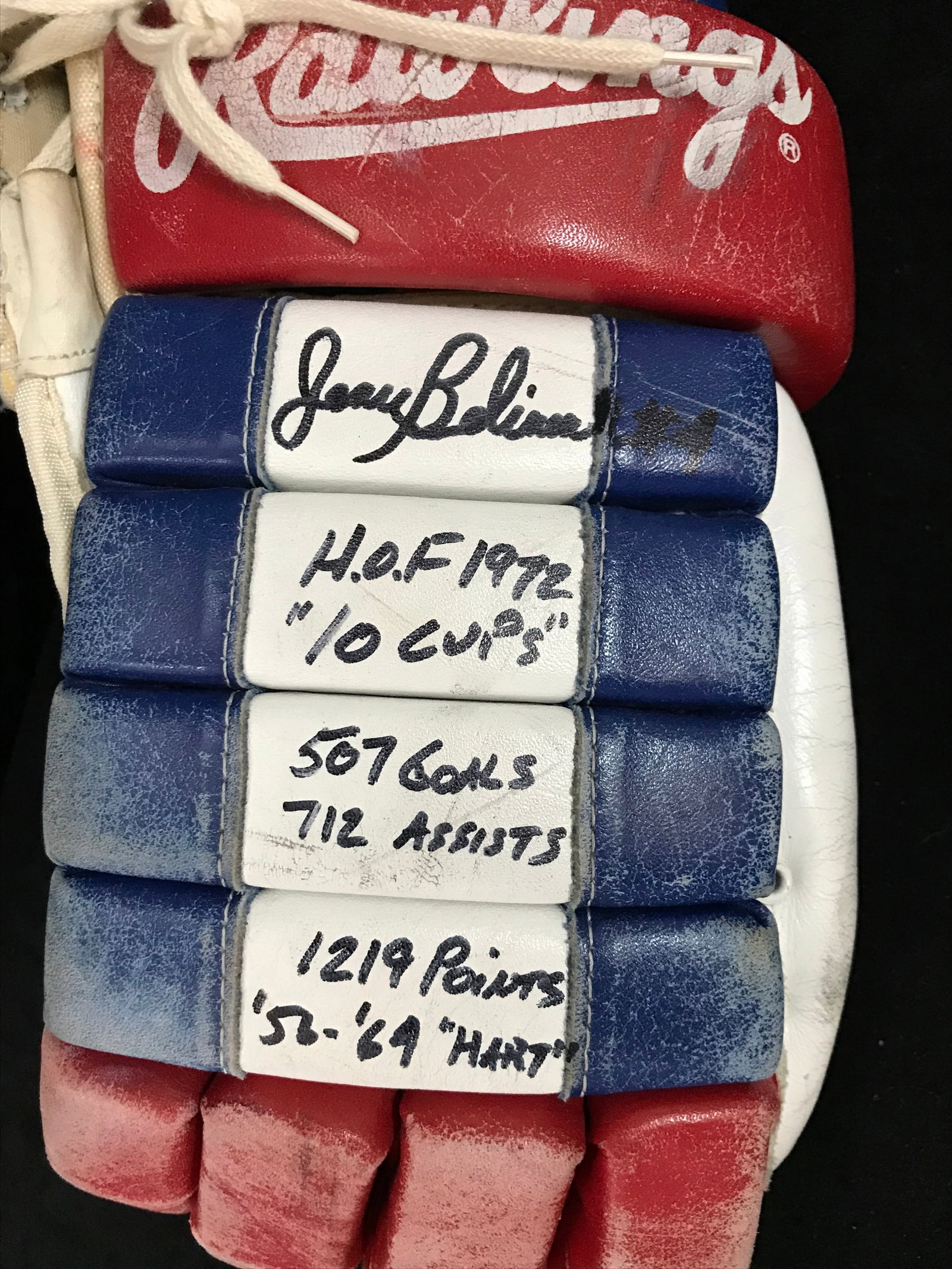 JEAN BELIVEAU SIGNED VINTAGE RAWLINGS HOCKEY GLOVE WITH 5 INSCRIPTIONS (MULTIPLE COAS): Prices are in Canadian dollars