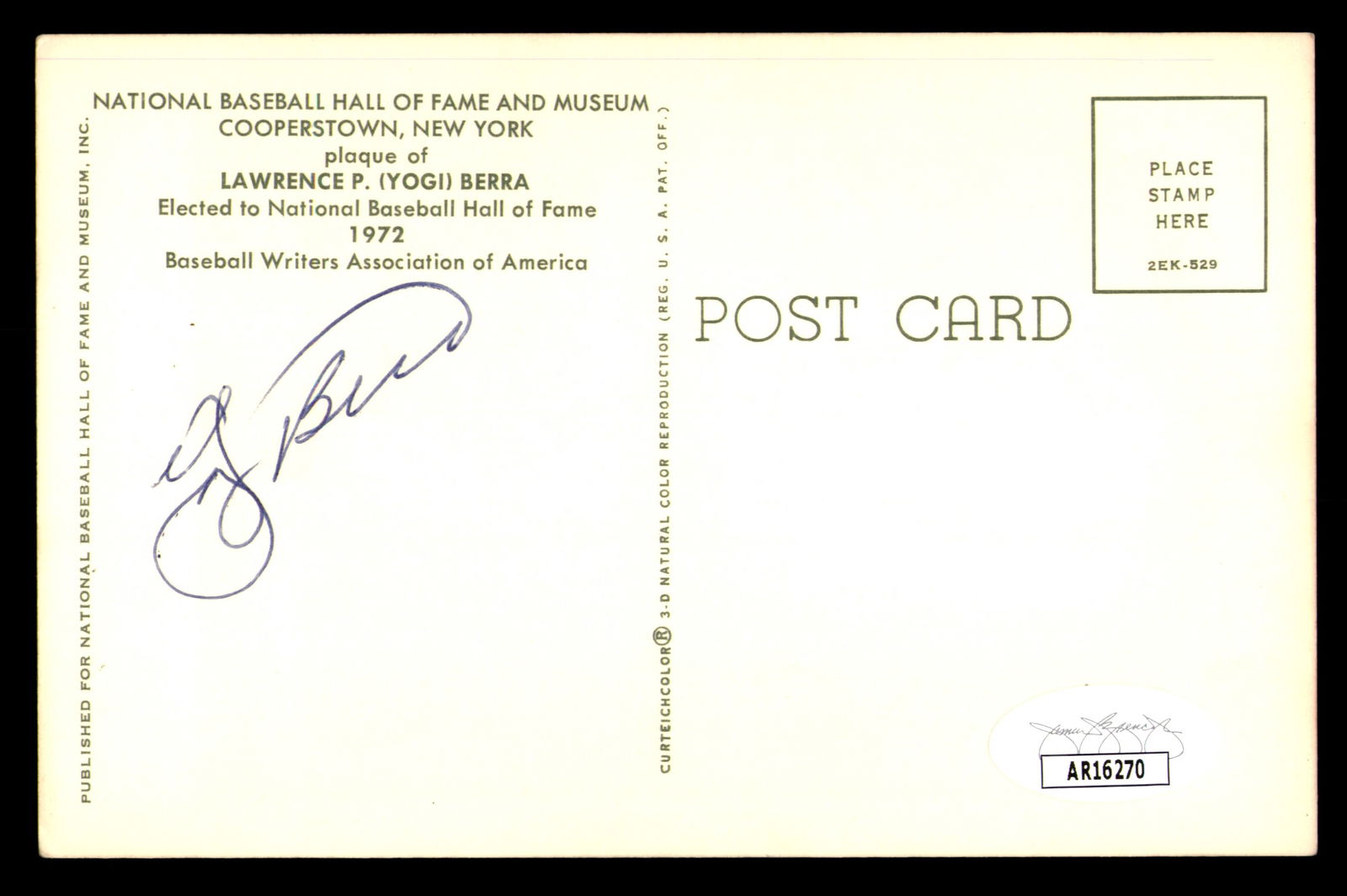 Yogi Berra Autographed Hall of Fame HOF Plaque Postcard New York Yankees JSA (1 of 2)